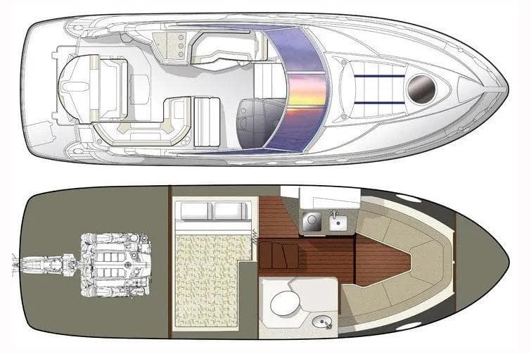 Floor plan of 2020 Monterey 295 Sport Yacht, showcasing interior and deck layout.