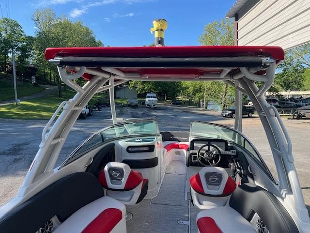 2024 Crownline 290 SS boat interior with red and white seating.