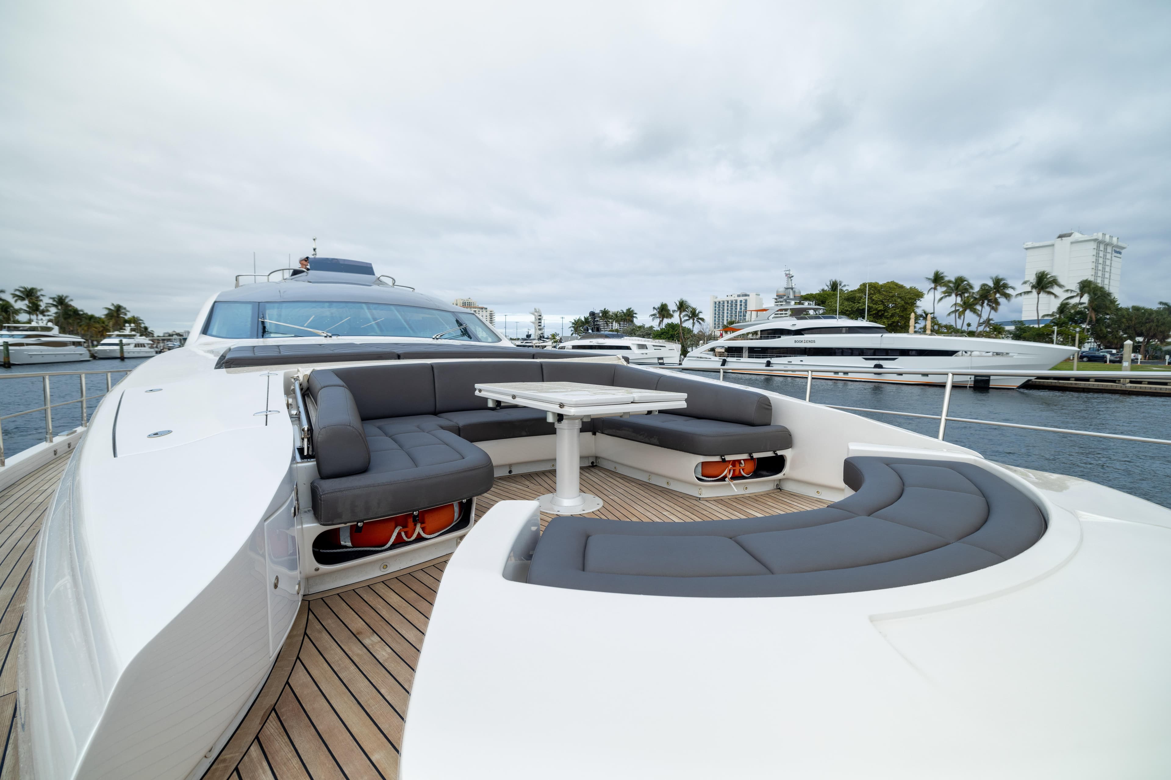 Luxurious 2018 Pershing 108 yacht with sleek design and spacious deck seating.