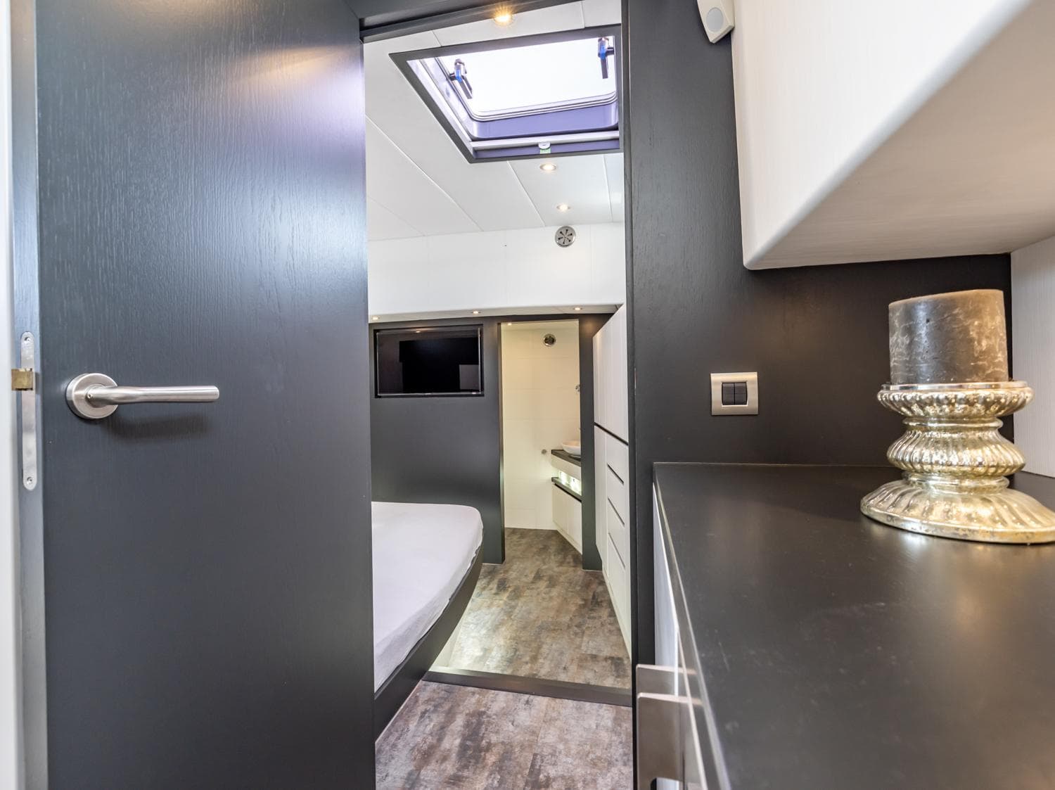 Luxurious interior of 2013 Bekebrede Luxemotor yacht with modern decor and skylight.