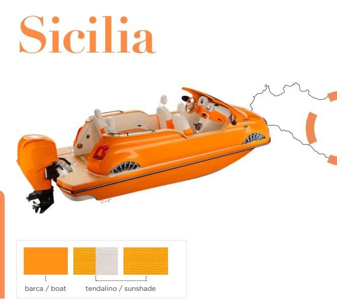 Orange Fiat 500 Classic boat, Sicilia theme, 2025 model.