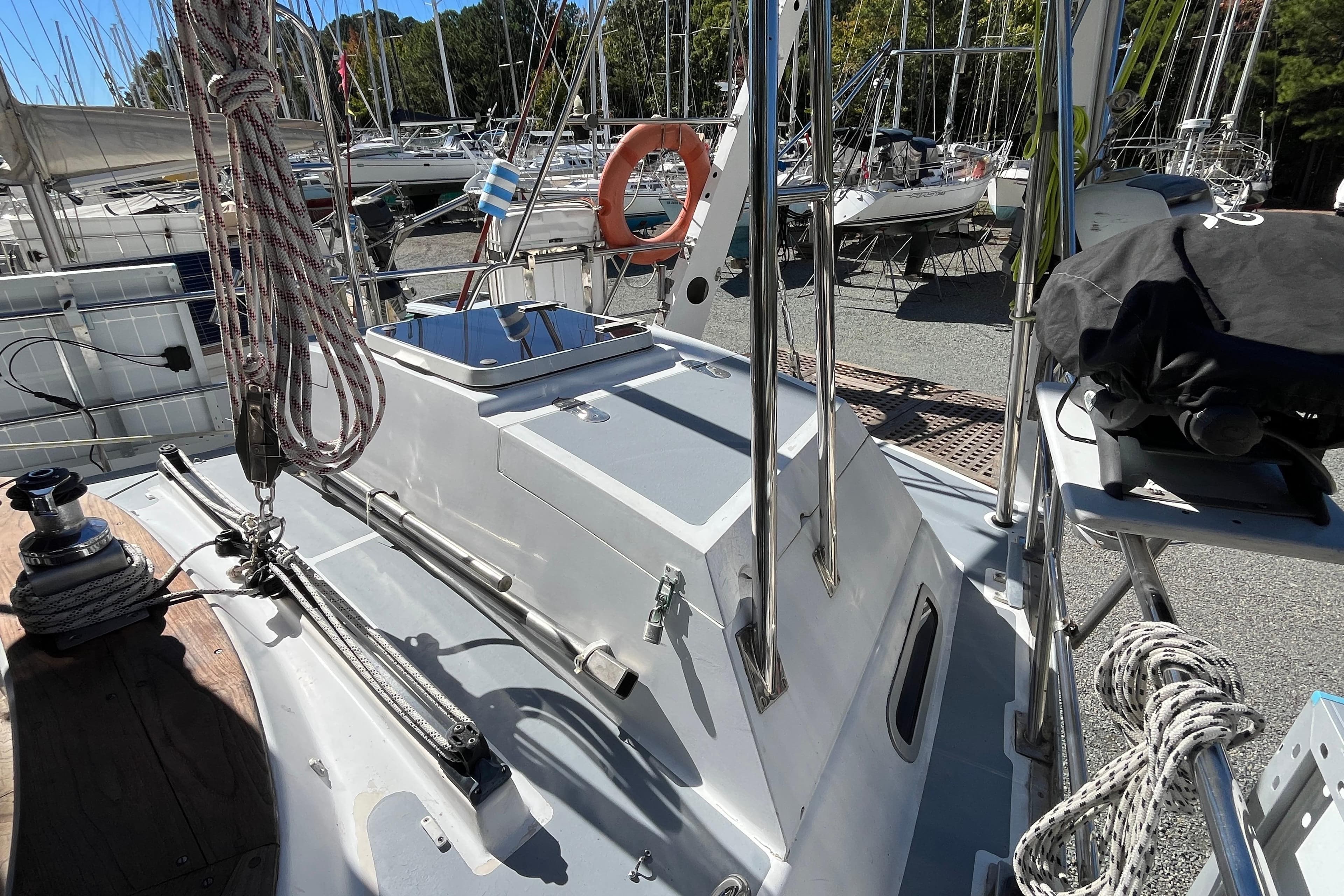 Deck view of a 1993 Med Marine Montevideo 43 sailboat, featuring rigging and equipment.