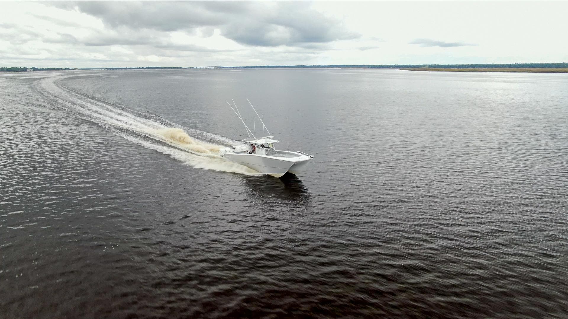 Freeman 42LR boat cruising on open water under cloudy skies, 2020 model.