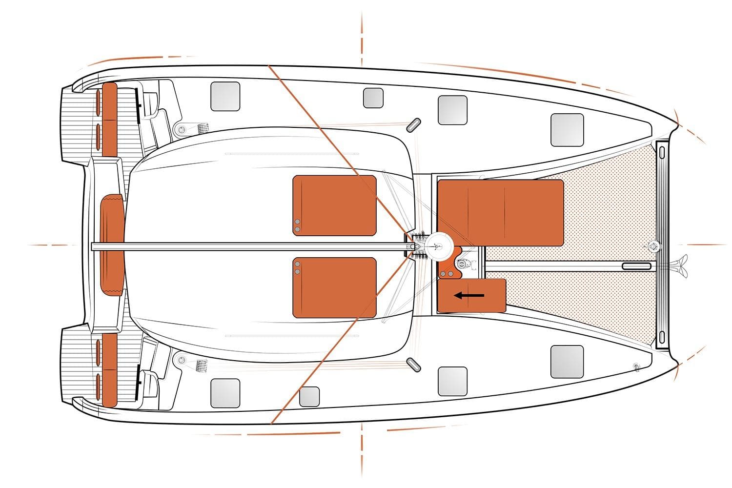 Manufacturer Provided Image: Top view layout of 2026 Excess 11 catamaran, showcasing deck and seating areas.