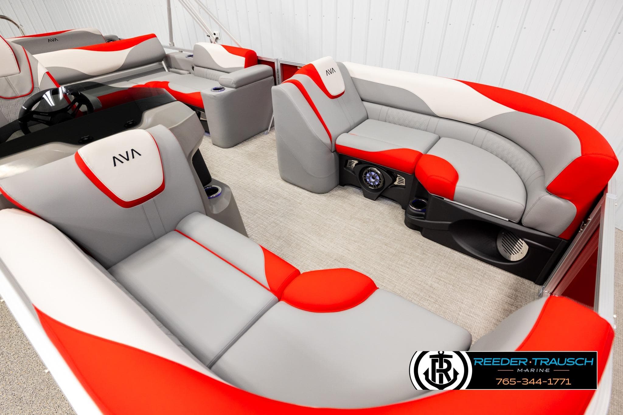 2026 Avalon LSZ Vrl boat interior with red and gray seating, modern design.