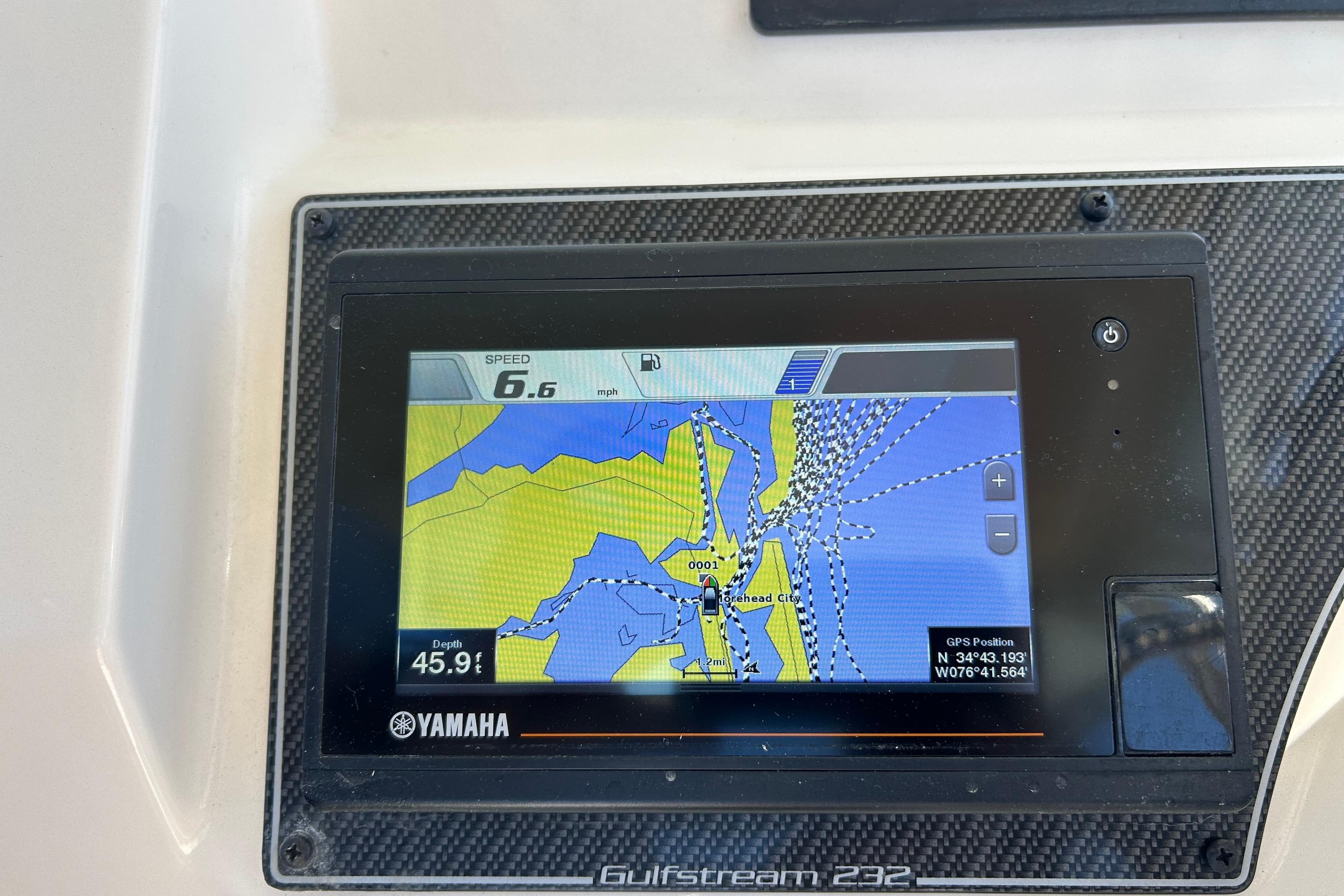 GPS display on 2021 Grady-White Gulfstream 232 showing speed and navigation map.