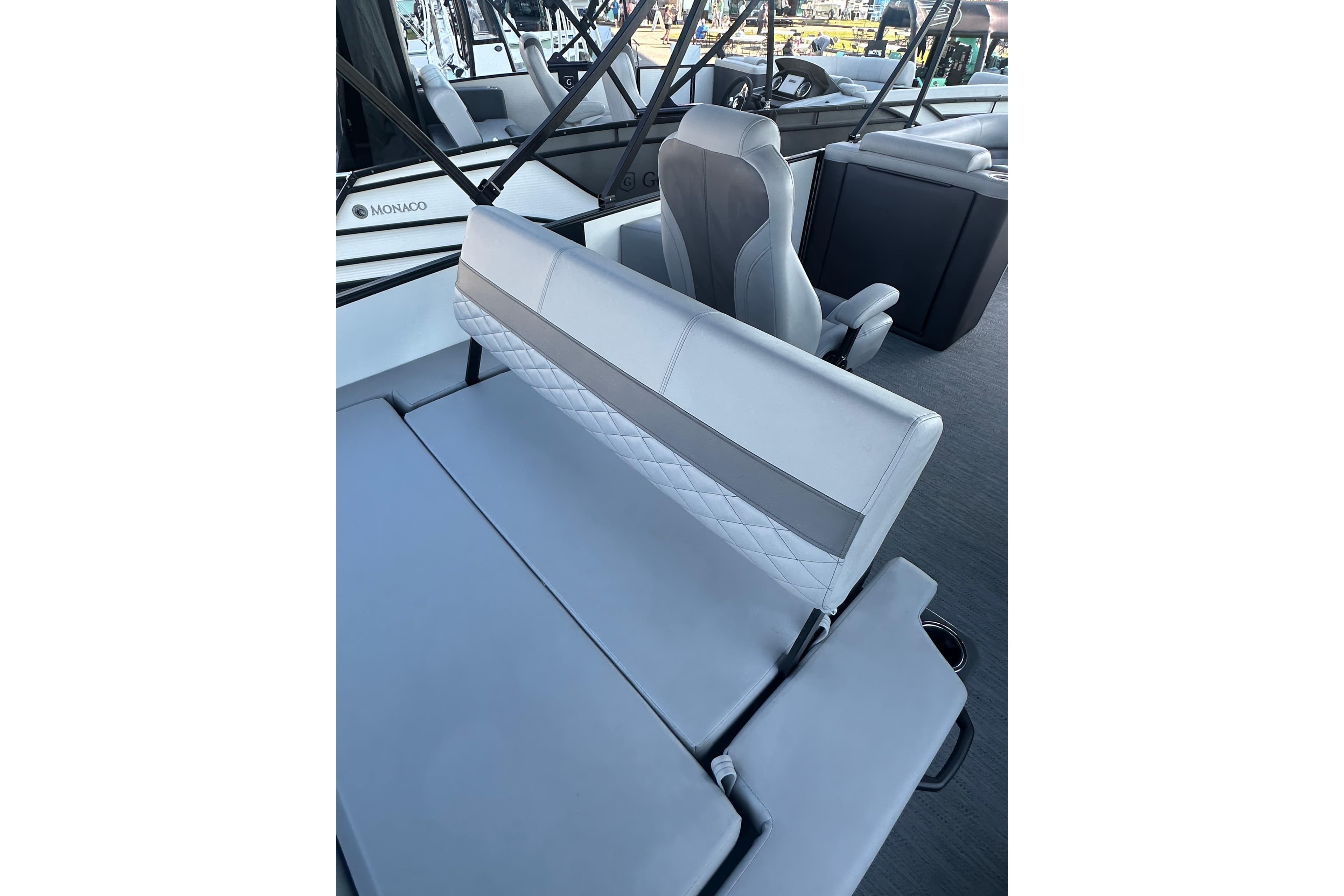 2026 Godfrey Monaco 235 SFL boat interior with luxurious seating and modern design.