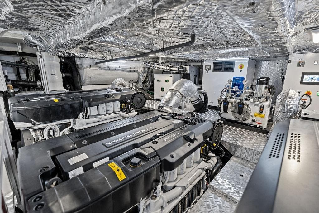 Engine room of 2025 Pershing GTX 80 yacht with Volvo Penta engines and advanced machinery.