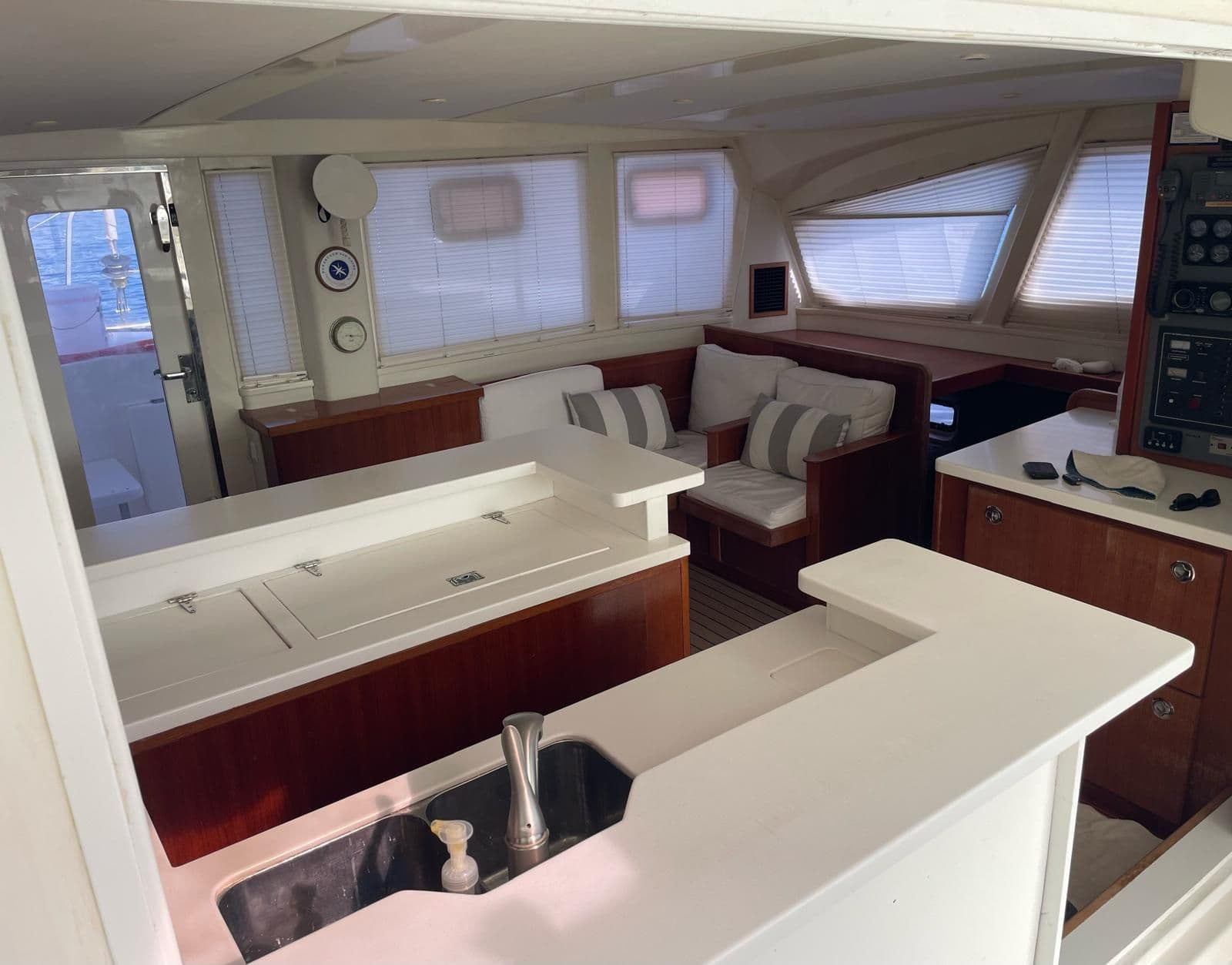 Interior of a 2011 Leopard 44 yacht with modern furnishings.