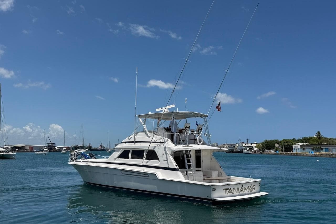 1995 Bertram 60 Convertible yacht cruising in a sunny harbor.