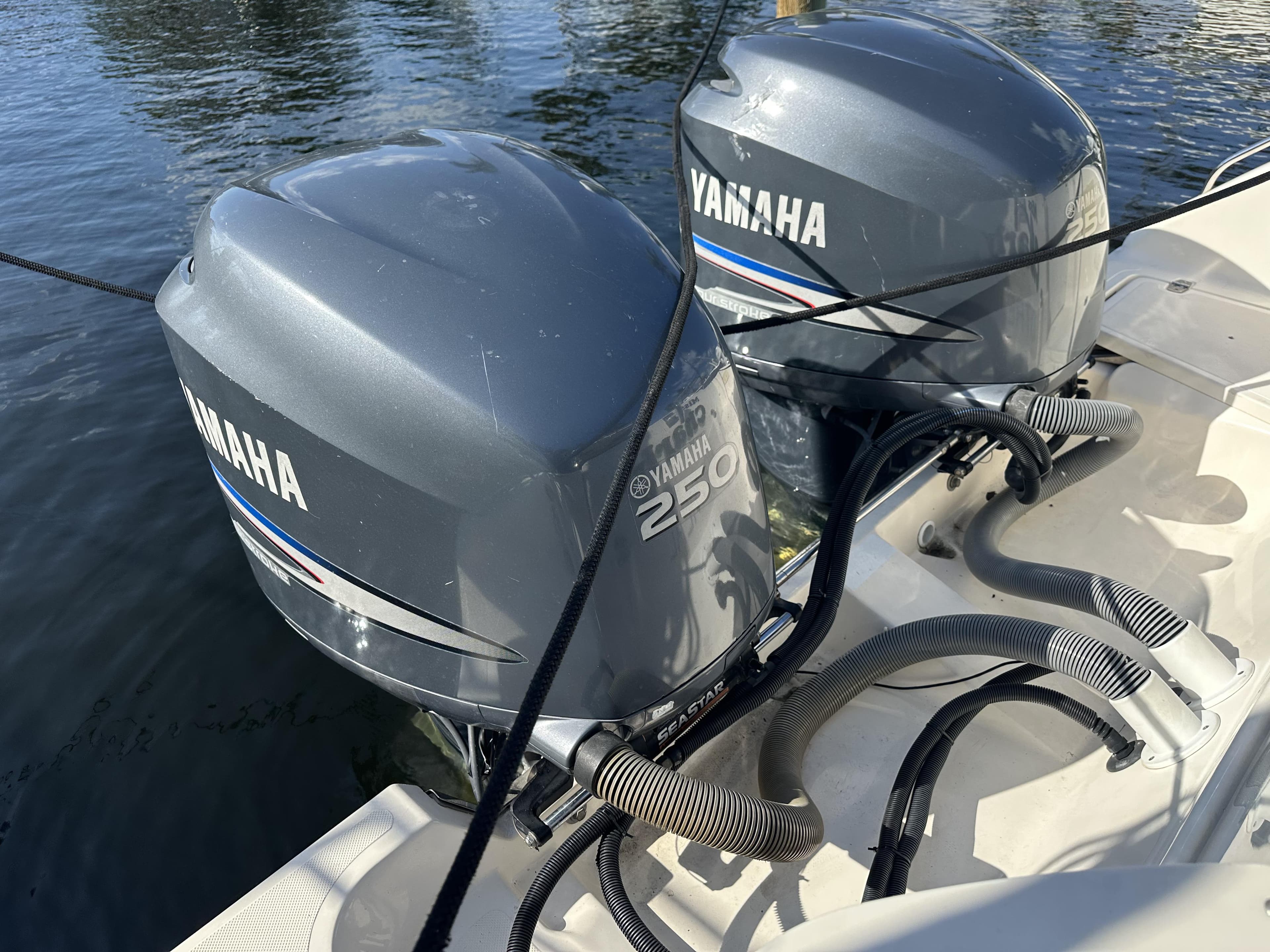 Twin Yamaha 250 outboard engines on a 2008 Pursuit 315 Offshore boat.