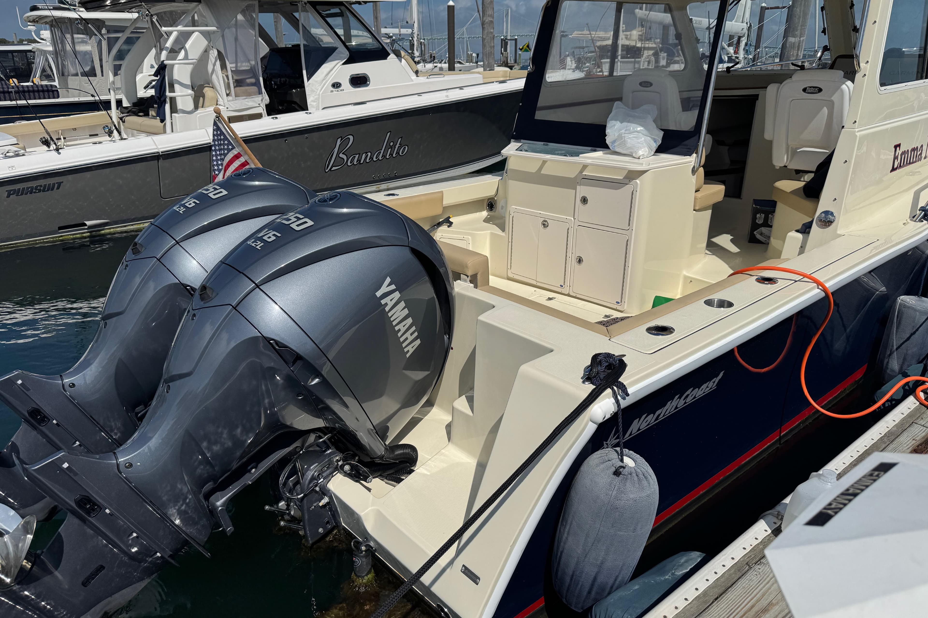 2026 NorthCoast 285 HT boat with twin Yamaha engines docked at marina.