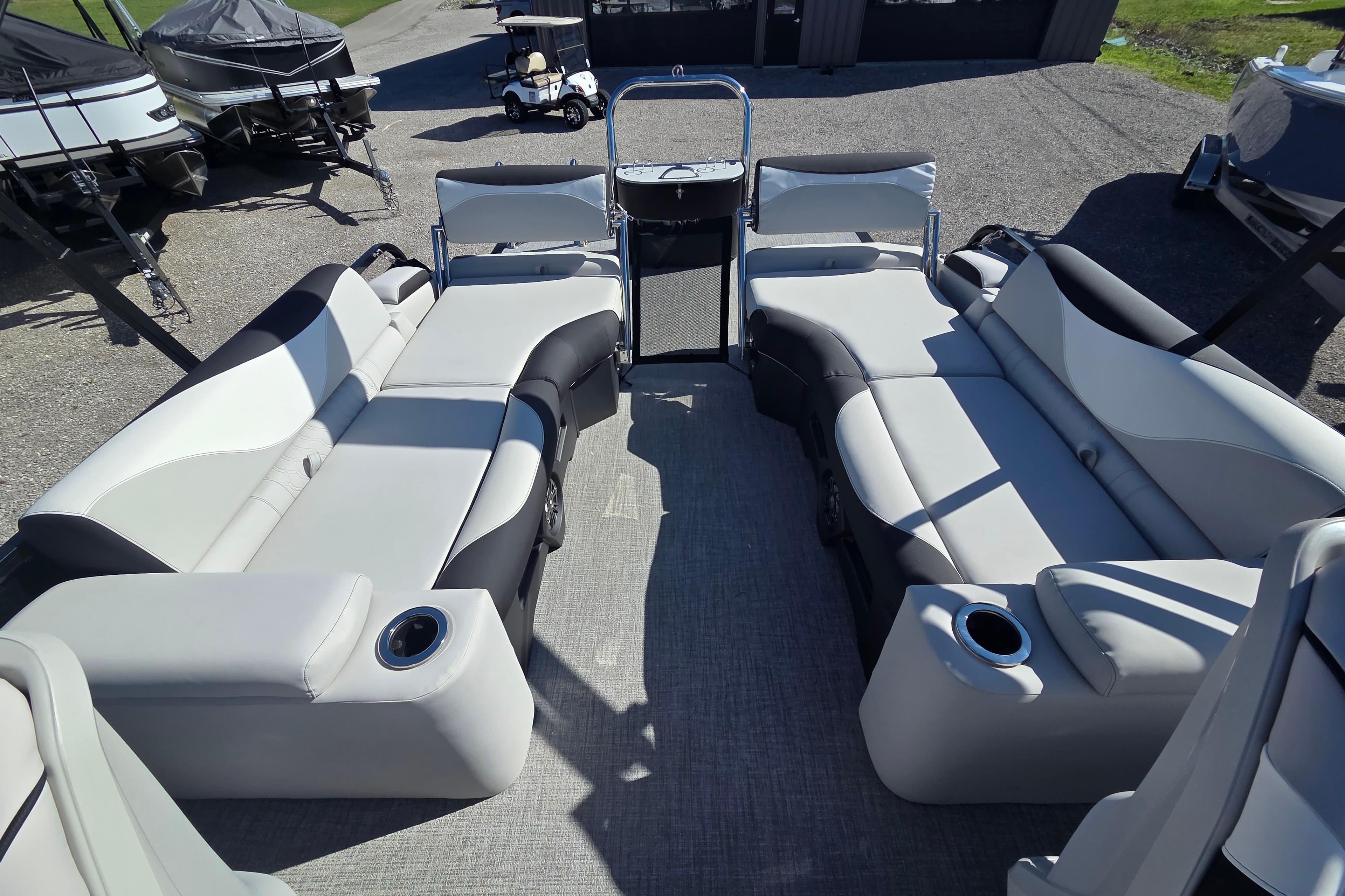 2026 Avalon Platinum LSZ 2585 Quad Lounger Shift with luxurious seating and cup holders.