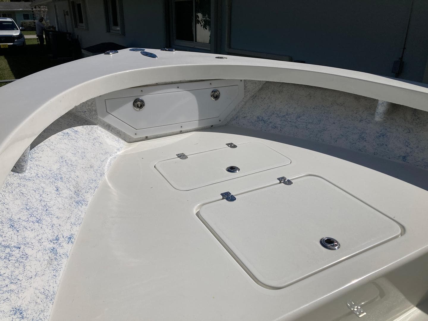 1972 Cuda Craft 21 boat interior with storage compartments, white finish.