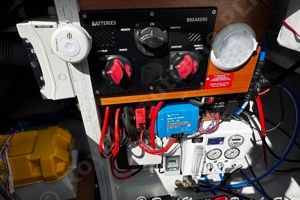 Electrical panel of a 2018 Lagoon 42 yacht with battery and breaker controls.
