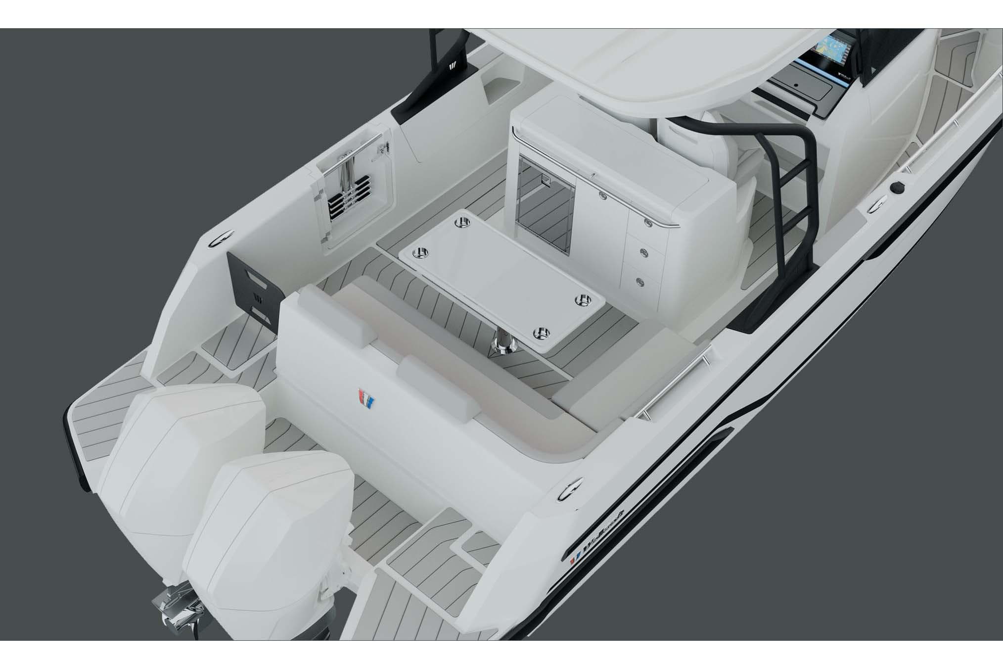 Manufacturer Provided Image: 2026 Wellcraft 28 Explorer boat interior with dual engines and sleek seating design.