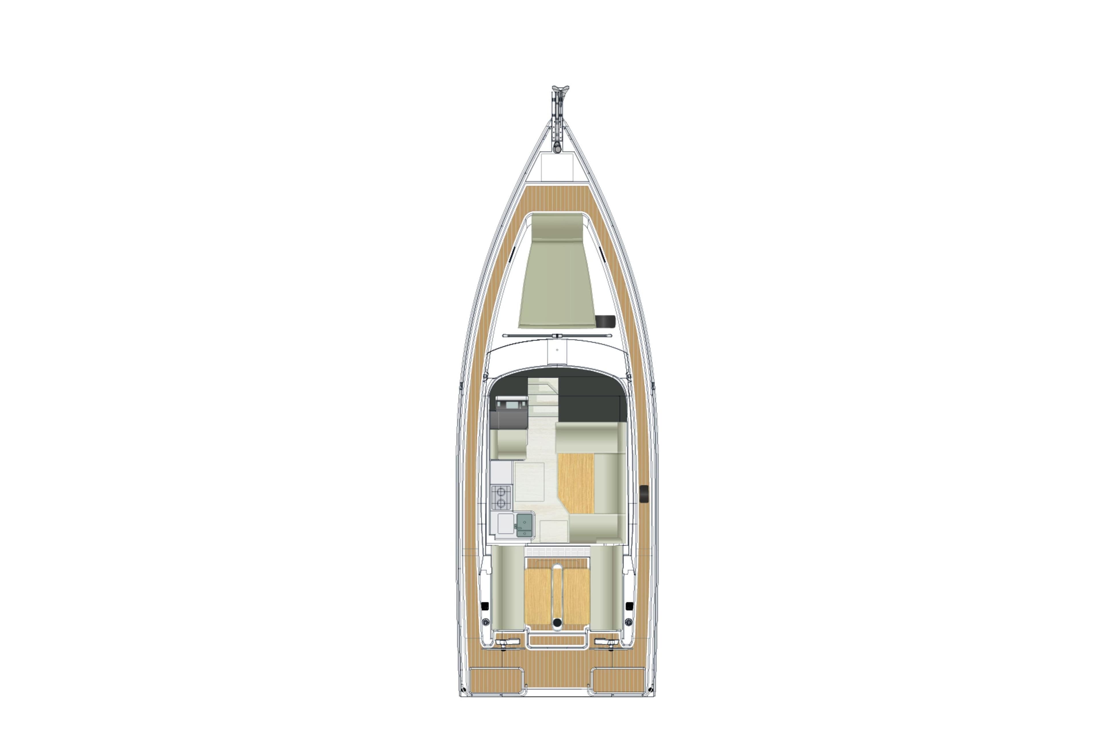 Top view of 2026 Moody 41ds sailboat interior layout, showcasing spacious design.