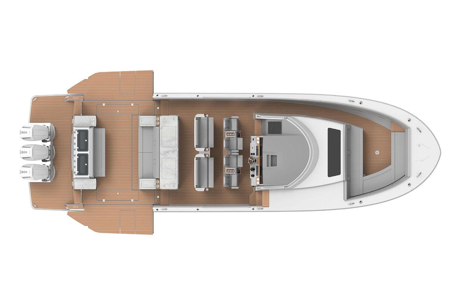 Top view of 2026 Regal 50 SAV luxury yacht layout with triple engines.