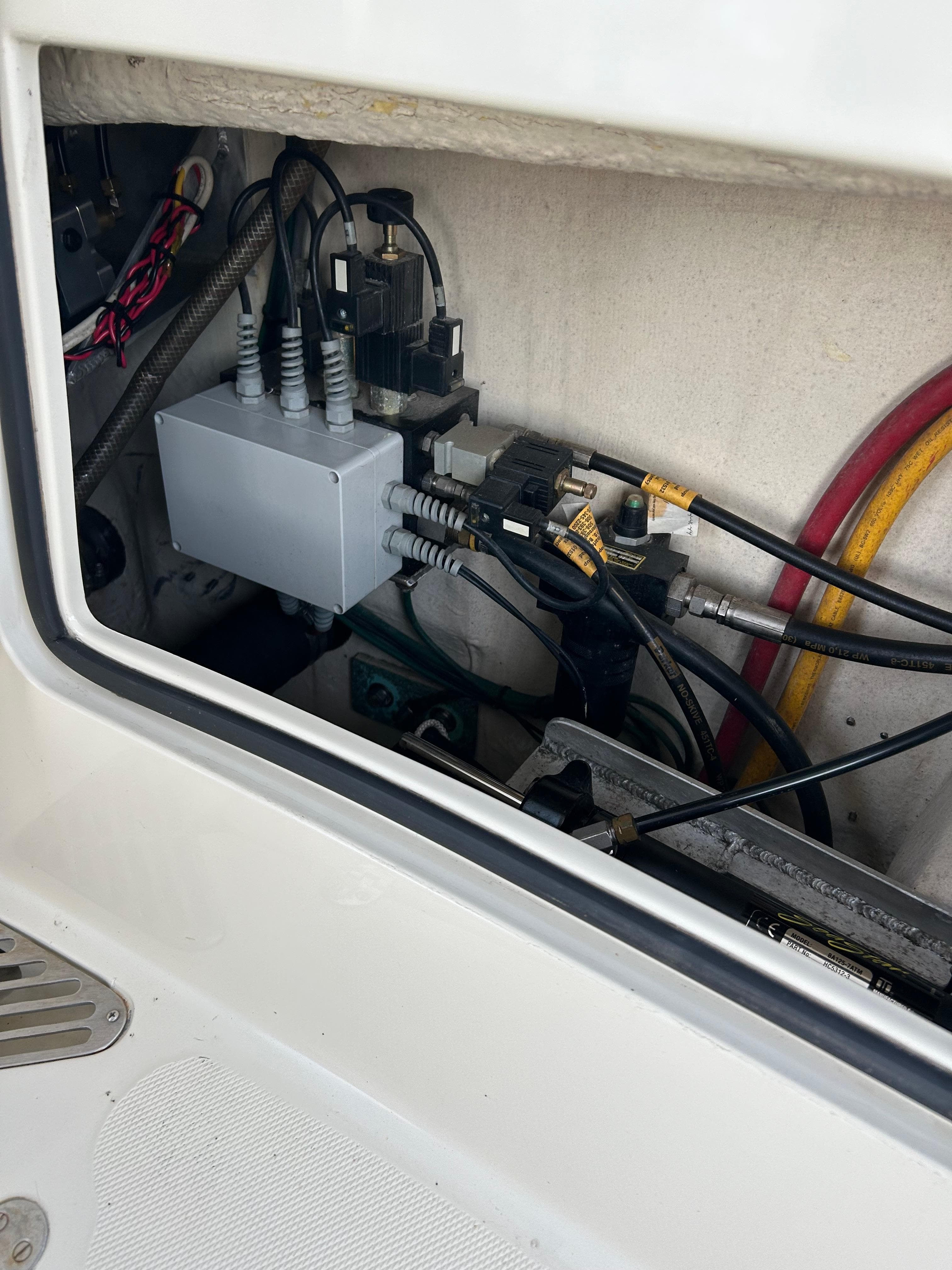 Electrical components inside a 2001 Hinckley Classic 36 Picnic Boat.
