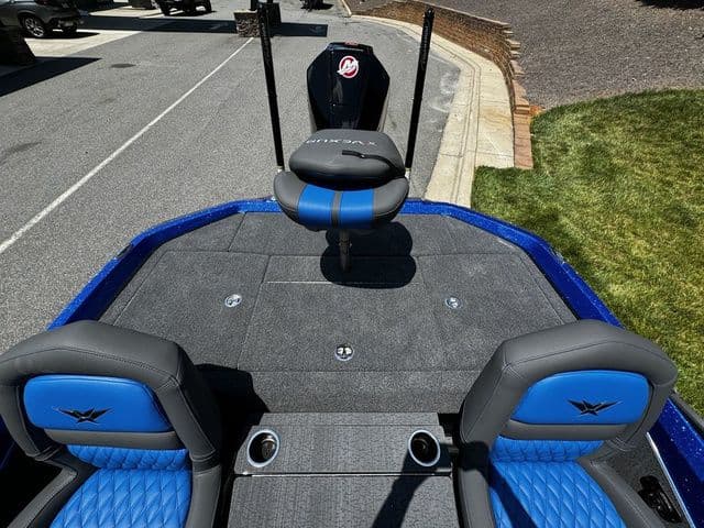 2024 Vexus VXS20 boat interior with blue and gray seating, featuring a sleek design.