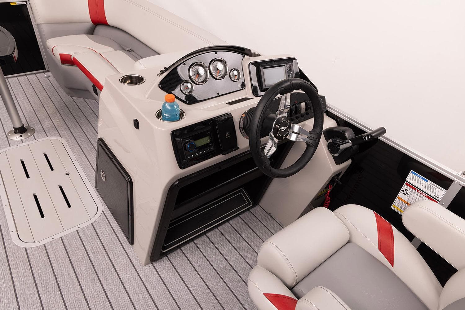 Manufacturer Provided Image: Interior of 2026 SunCatcher Select 322SL boat with modern steering console and seating.