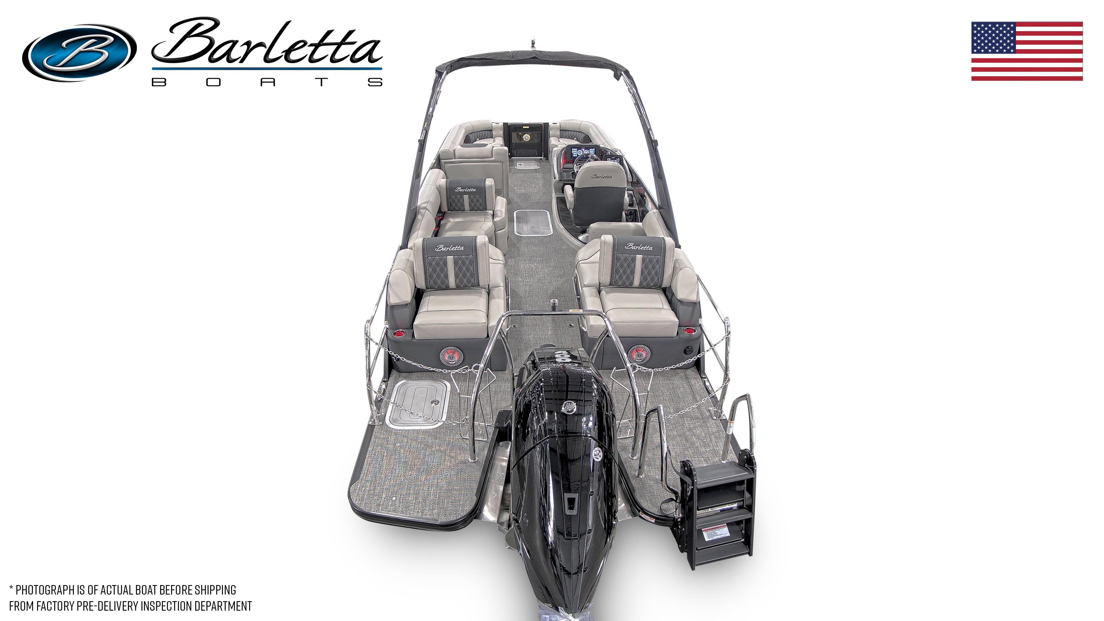 2026 Barletta L25MA pontoon boat, spacious seating, sleek design, American flag, top view.