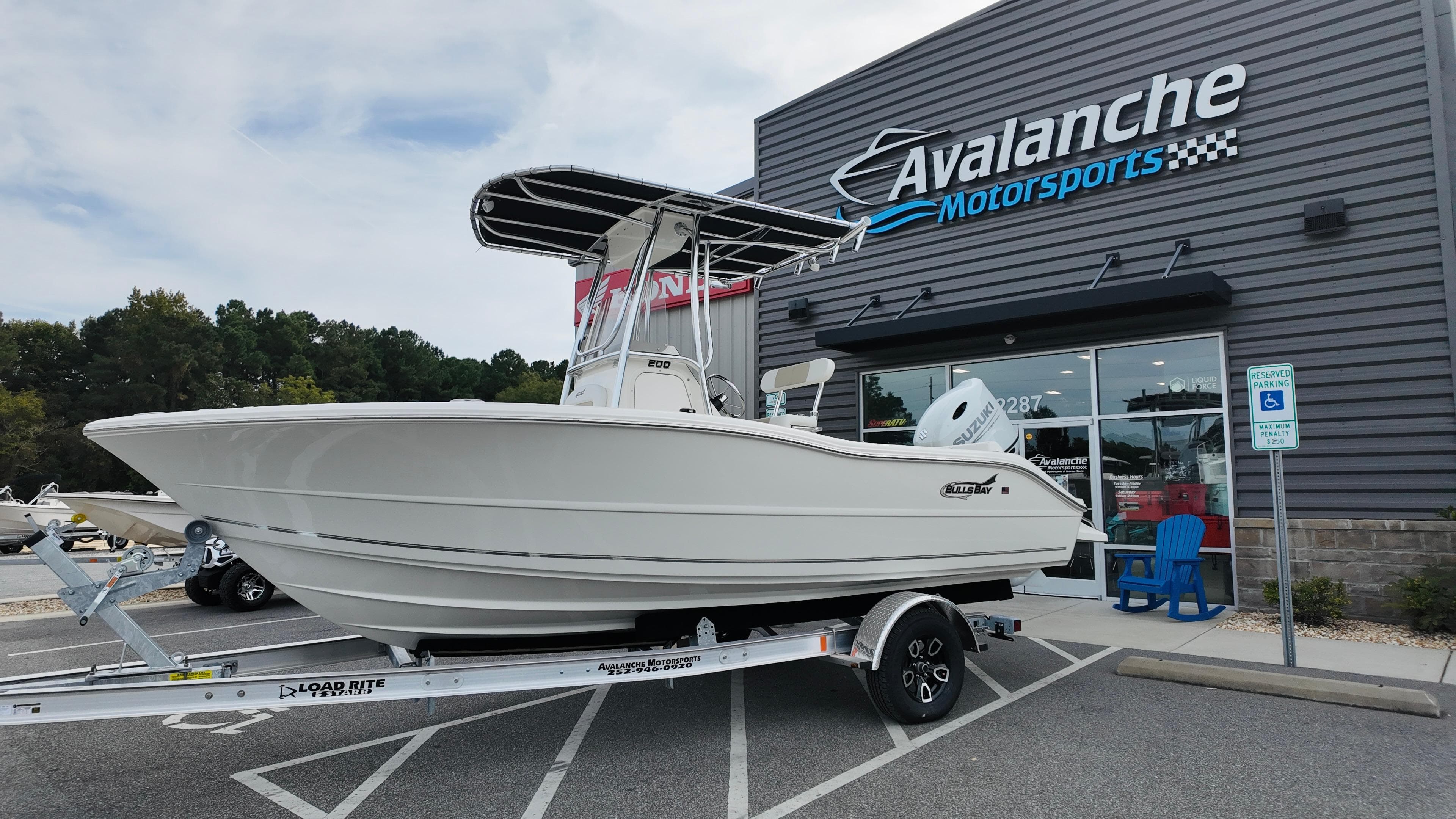 2025 Bulls Bay 200CC boat on trailer outside Avalanche Motorsports.