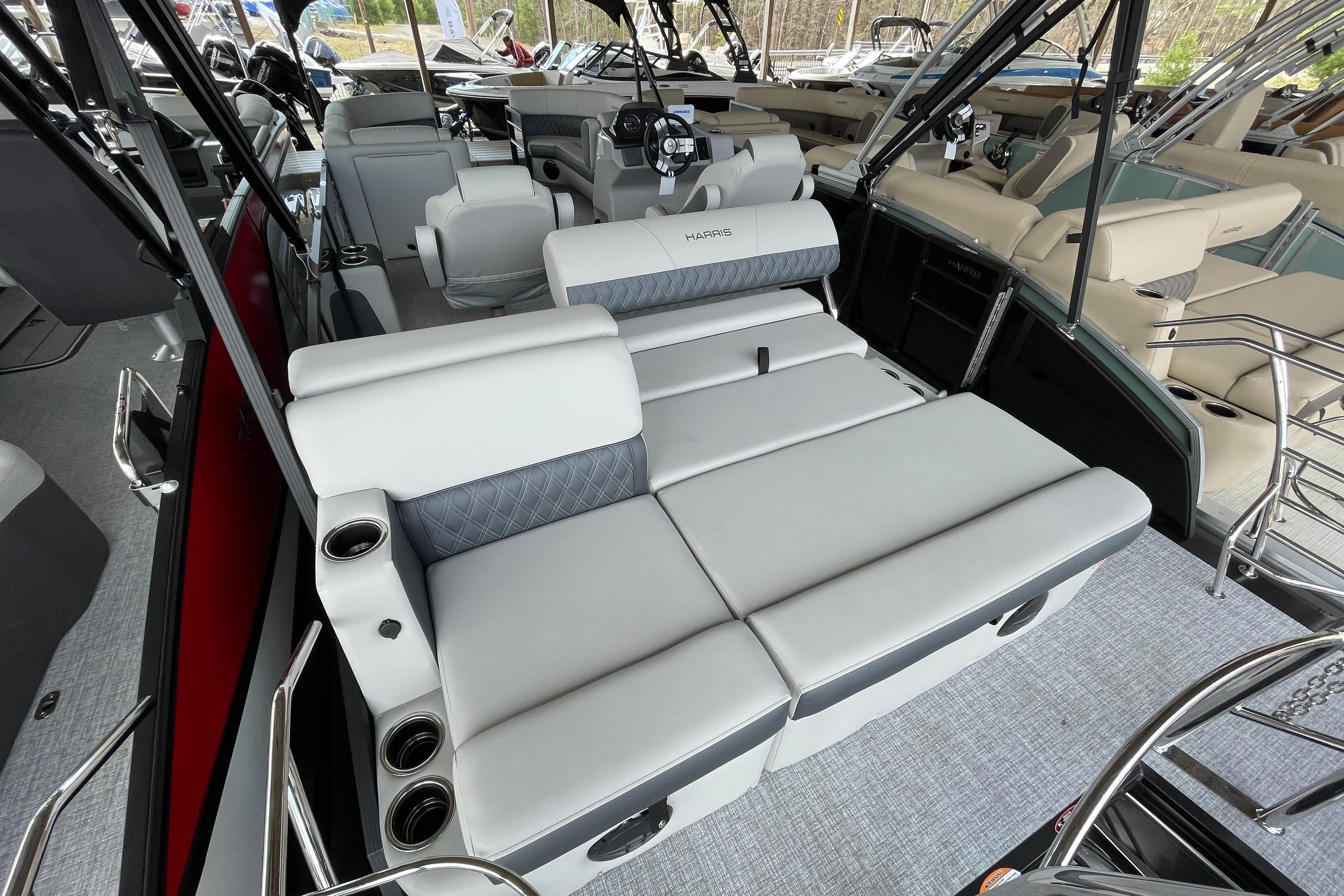 2026 Harris Cruiser 230 boat interior with luxurious seating and modern design.