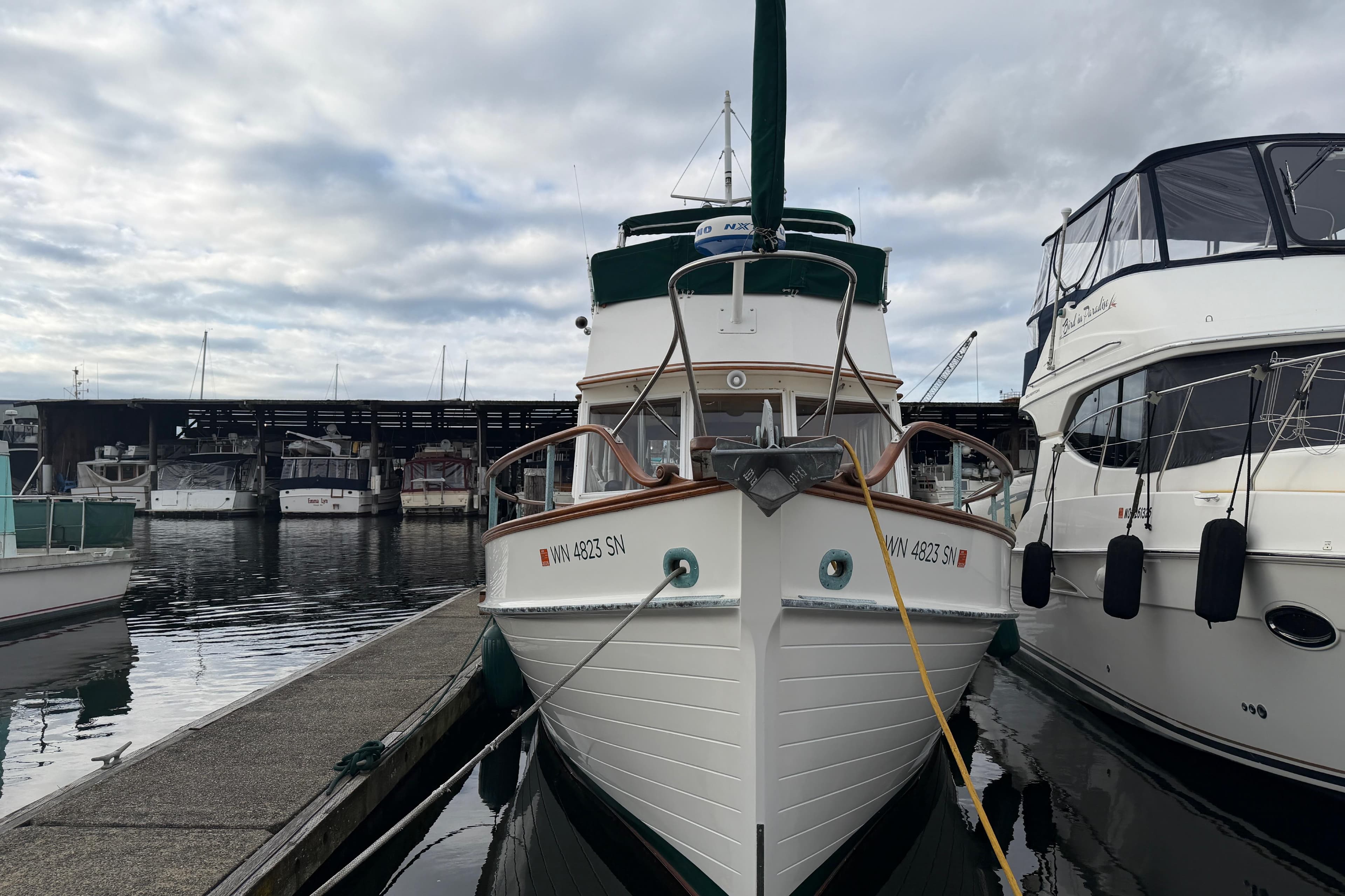 1981 Grand Banks 32 Sedan docked at marina, surrounded by other boats.