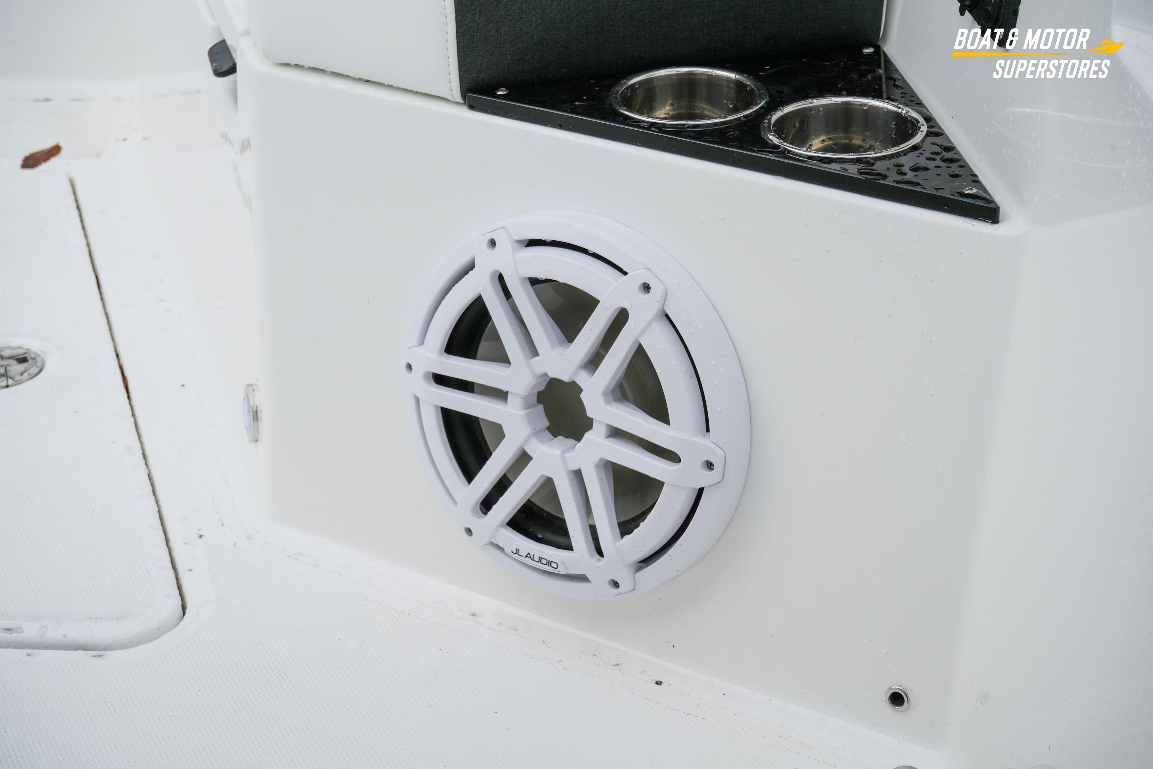 Speaker and cup holders on 2026 Blackfin 332 CC boat deck.