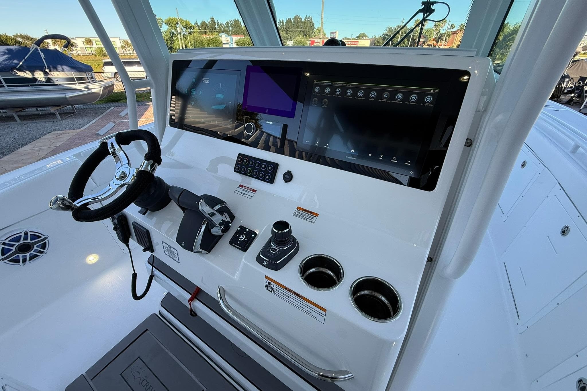 2026 Crevalle 33 CSF boat dashboard with modern controls and touchscreen display.