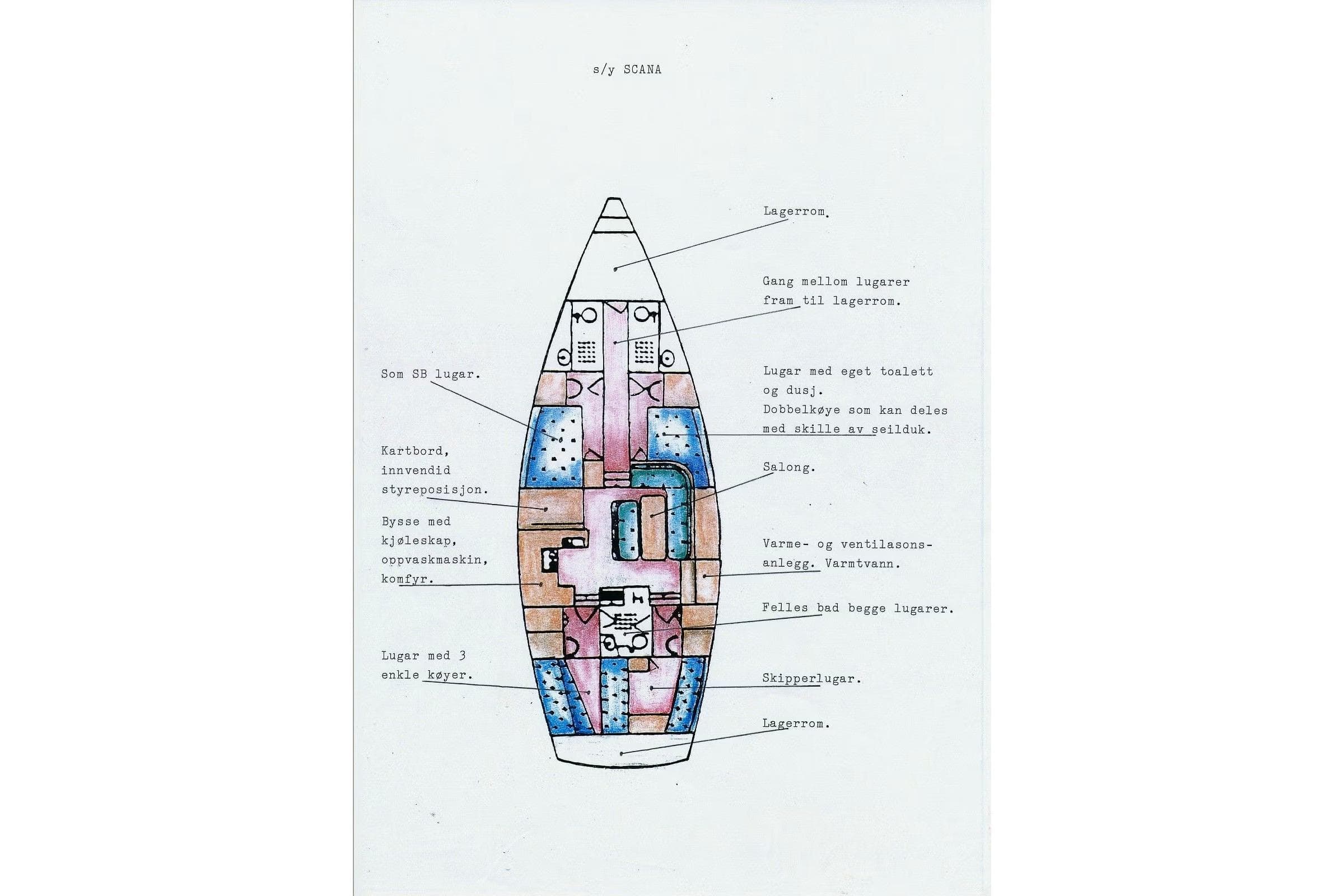 Blueprint of 1990 Kempers 49 yacht interior layout with labeled rooms and features.