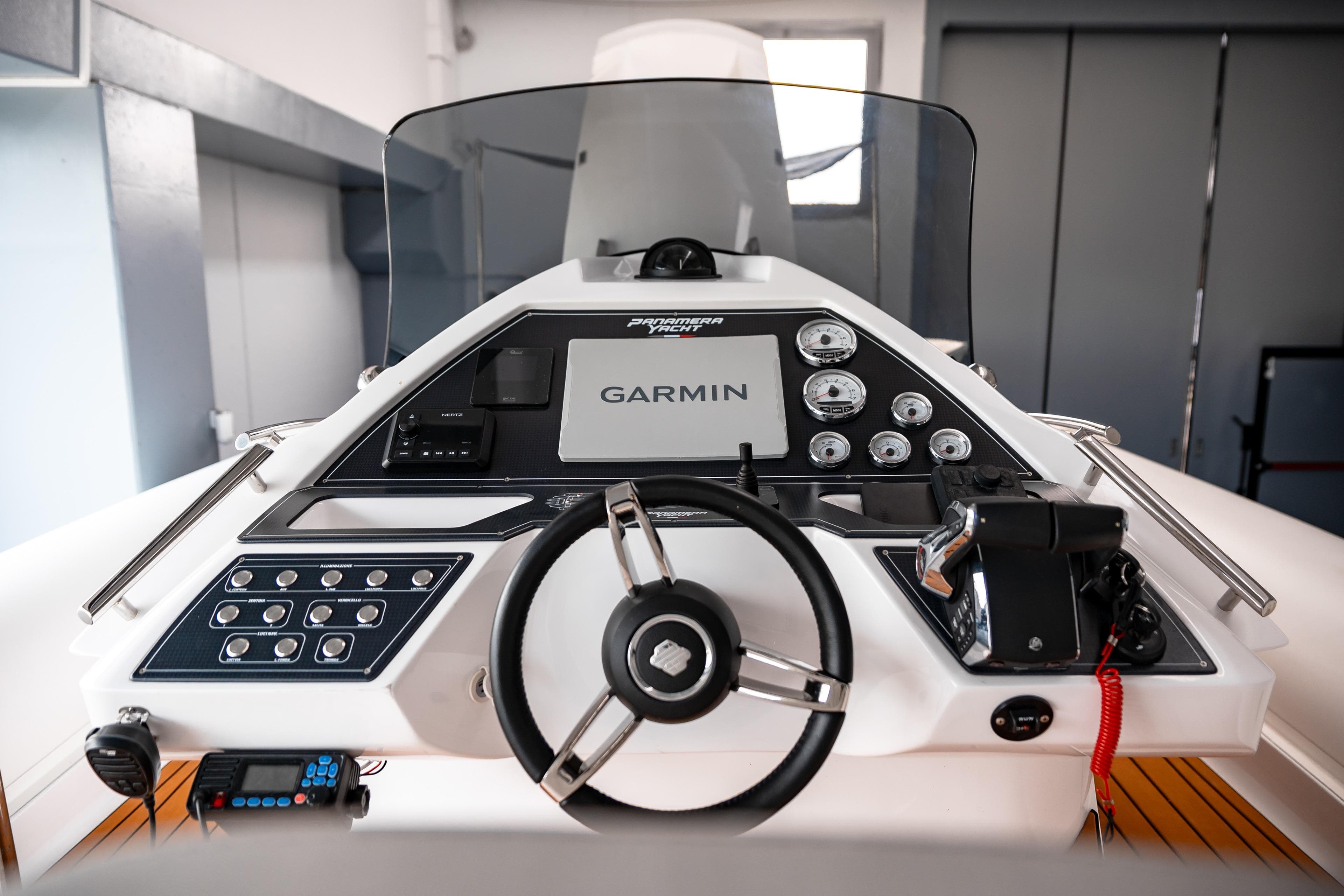 Control panel of 2025 Panamera Yacht PY 100 with Garmin navigation system.