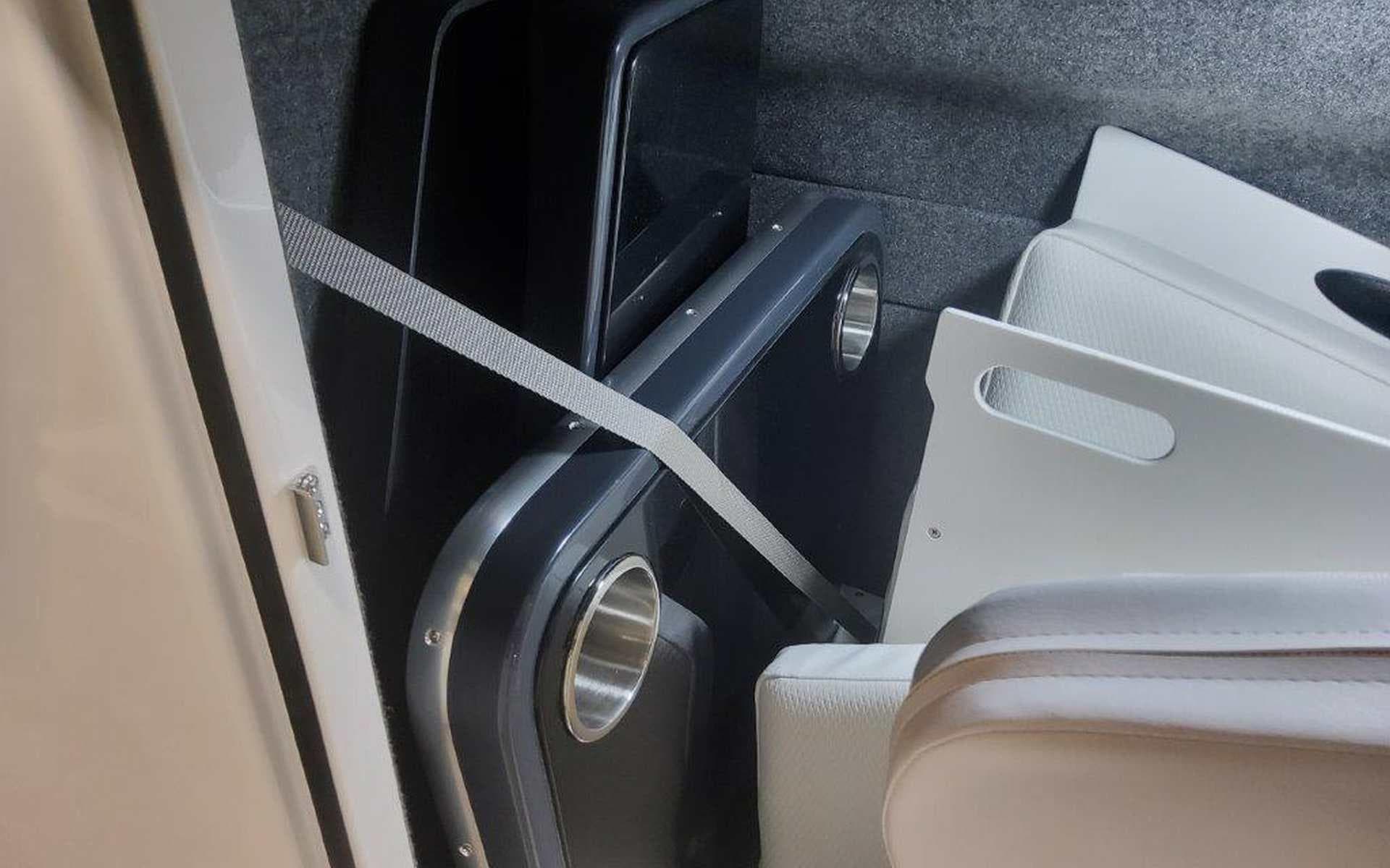 Interior of 2025 Formula 330 Crossover Bowrider I/O with cup holders and seating.