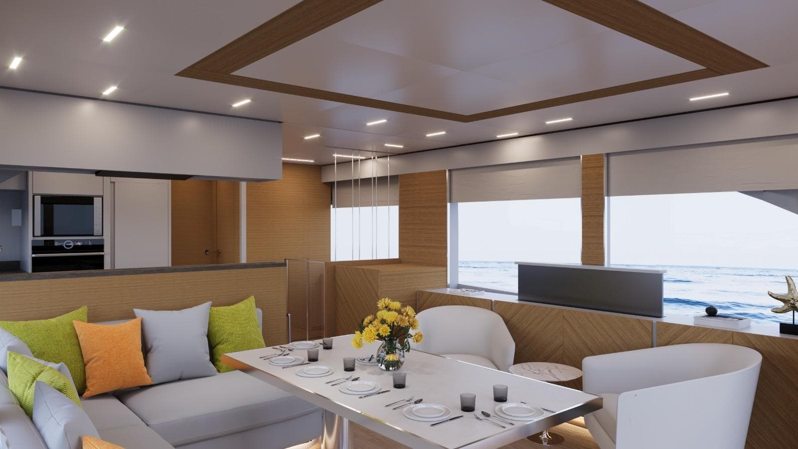 Luxurious interior of 2026 Vicem 68 yacht with modern dining area and ocean view.
