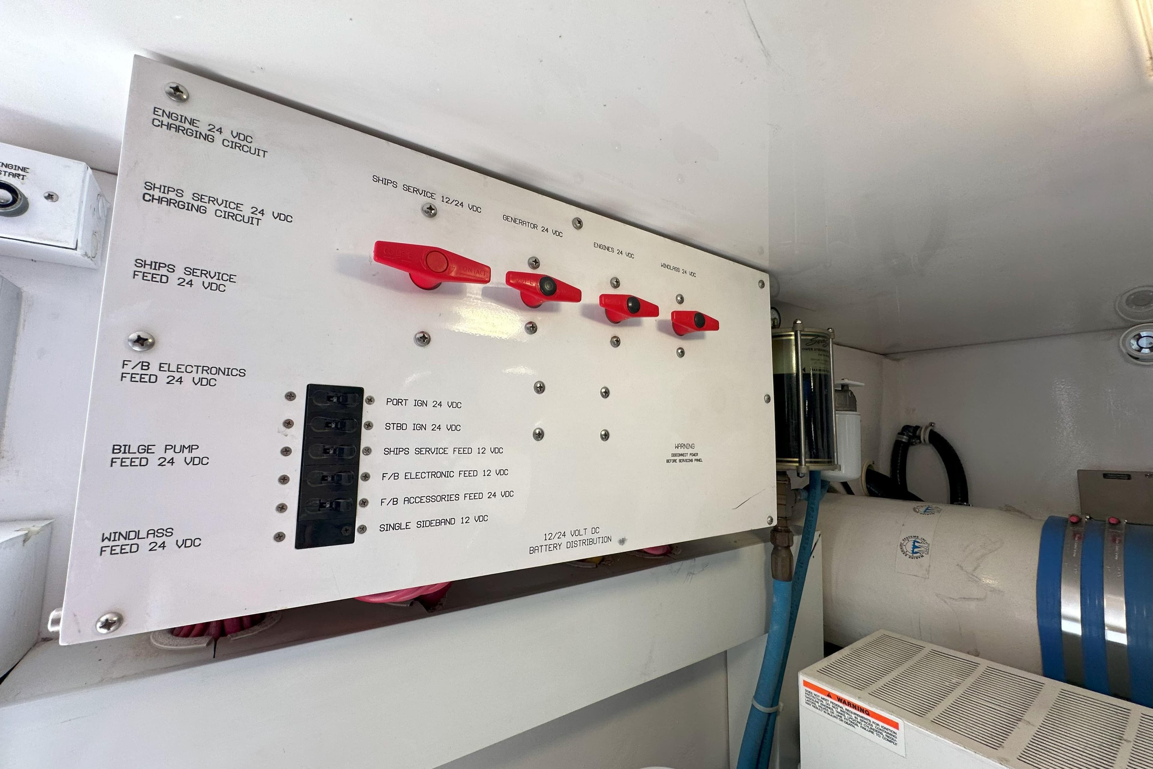 Electrical panel in 2003 Viking 48 Convertible boat engine room.