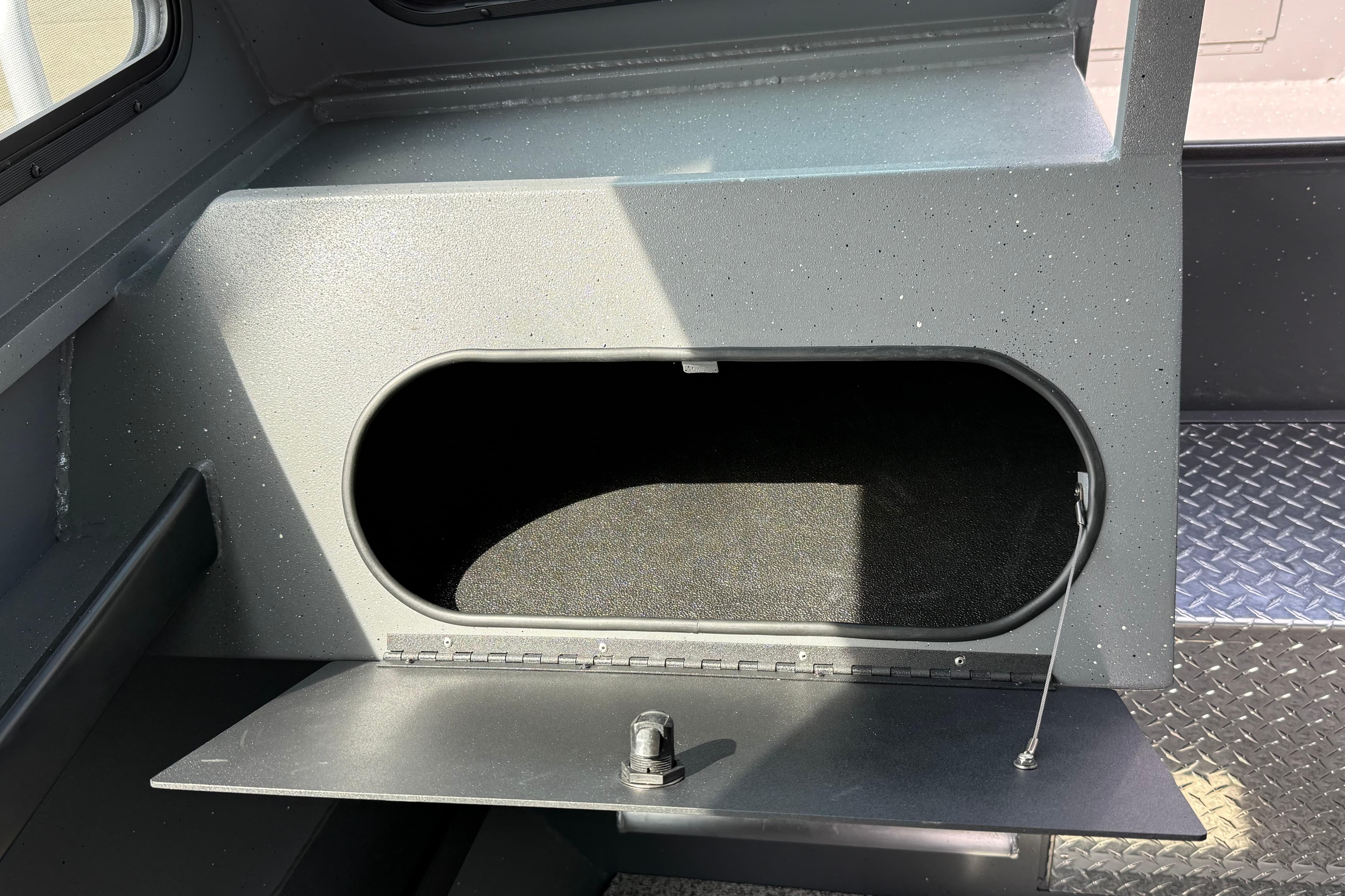 Storage compartment in 2026 Alumaweld Horizon 26 boat, featuring a sleek, modern design.