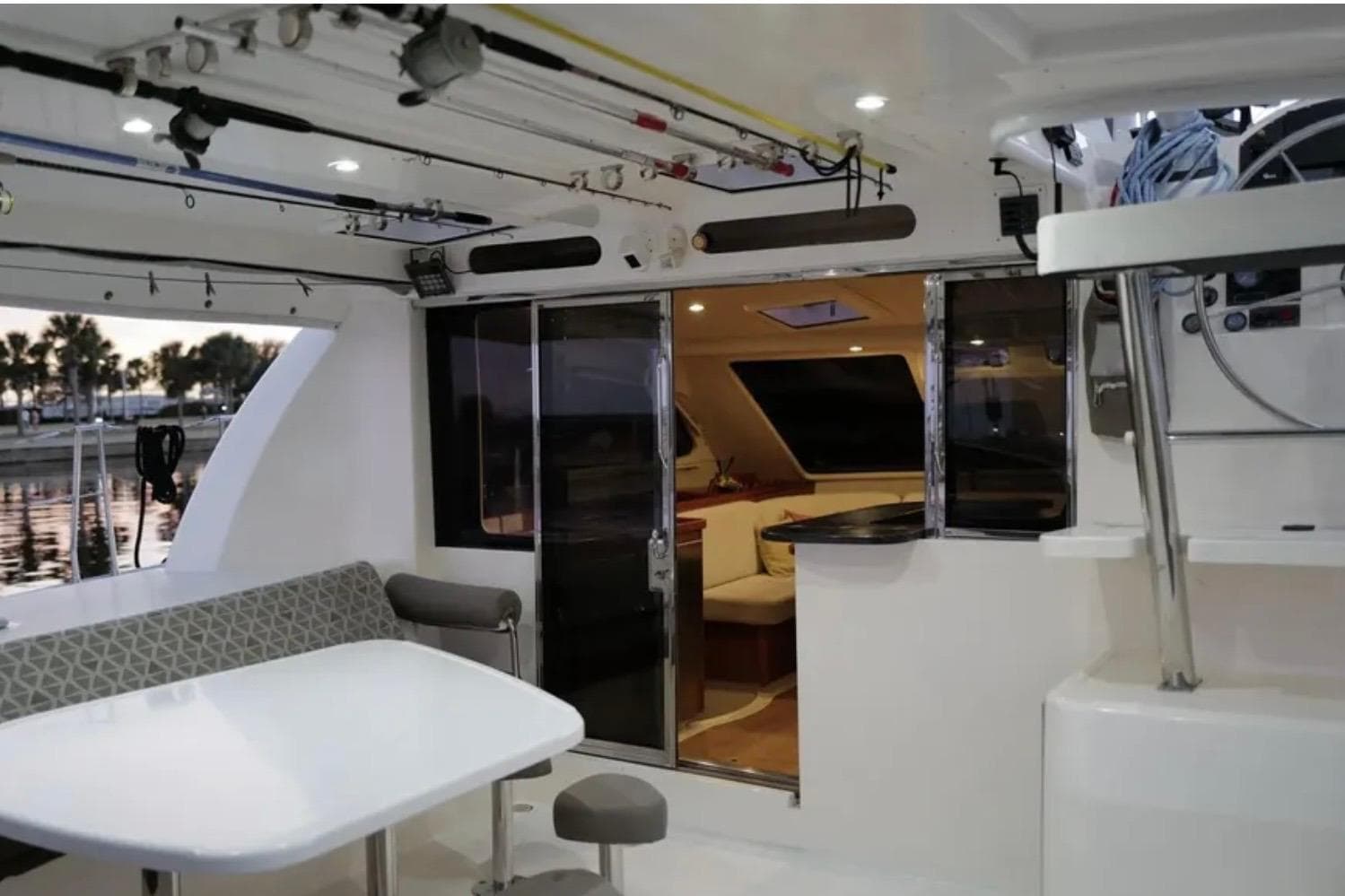 Interior view of a 2007 Leopard 46 yacht, featuring a modern dining area.