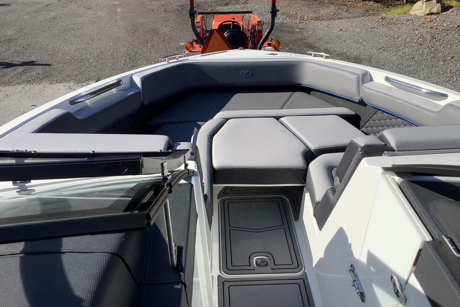 2022 Cobalt R6 Surf boat interior with sleek seating and modern design.