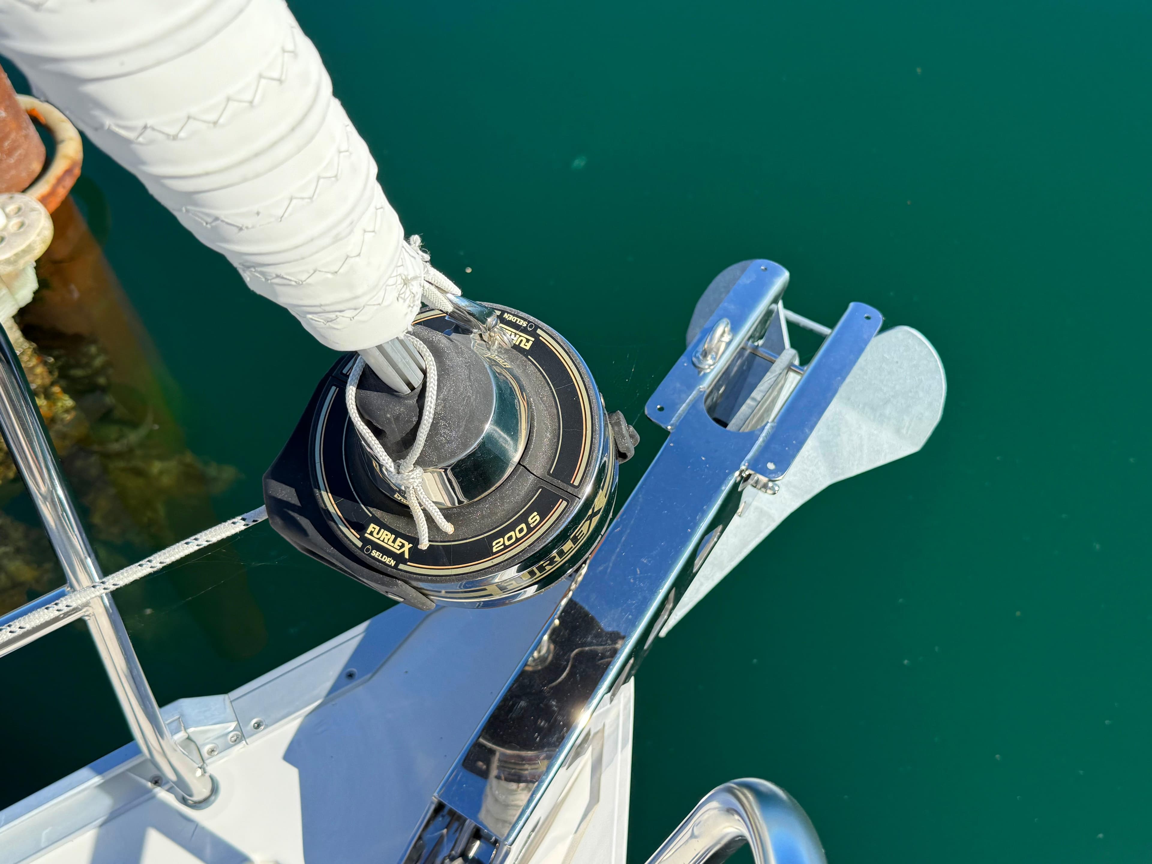 Bavaria Cruiser 37 sailboat bow with furler and anchor, 2015 model.