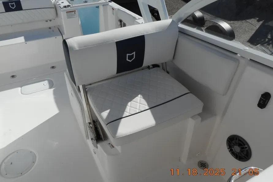 Interior seating of 2026 Sea Fox 268 Traveler boat, featuring cushioned seats and modern design.