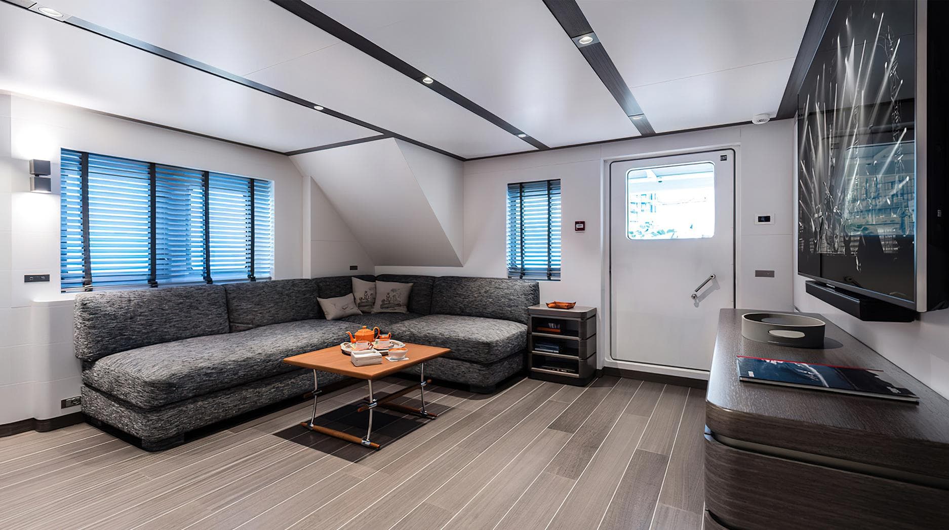 Luxurious interior of 2027 Ocean King Explorer 130 yacht with modern furnishings and sleek design.