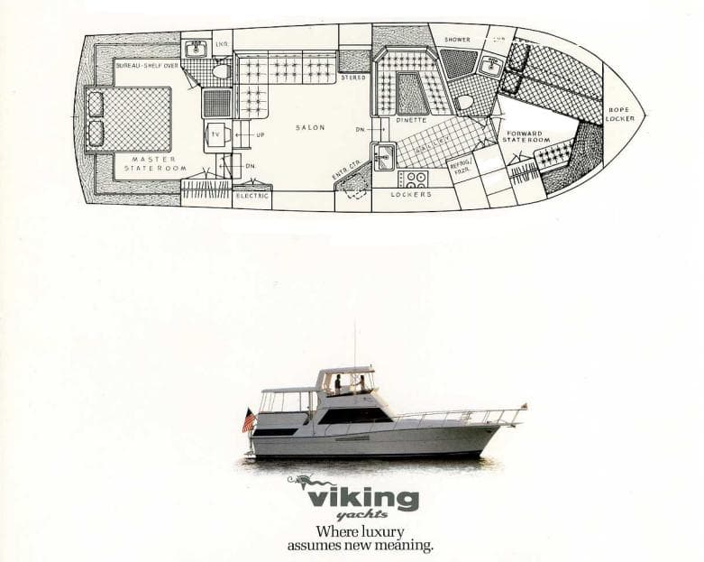 Floor plan and side view of 1982 Viking 44 Motor Yacht, showcasing luxury design.