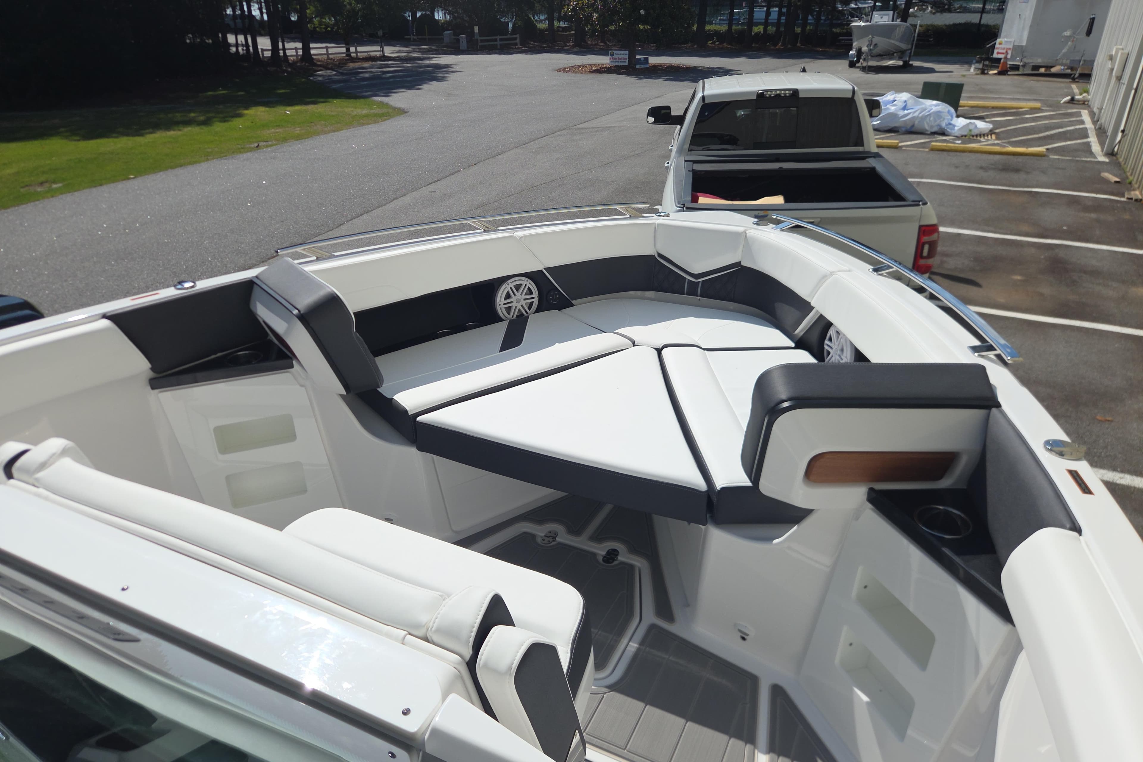2026 Monterey Elite 30 OB boat interior with luxurious seating and modern design.
