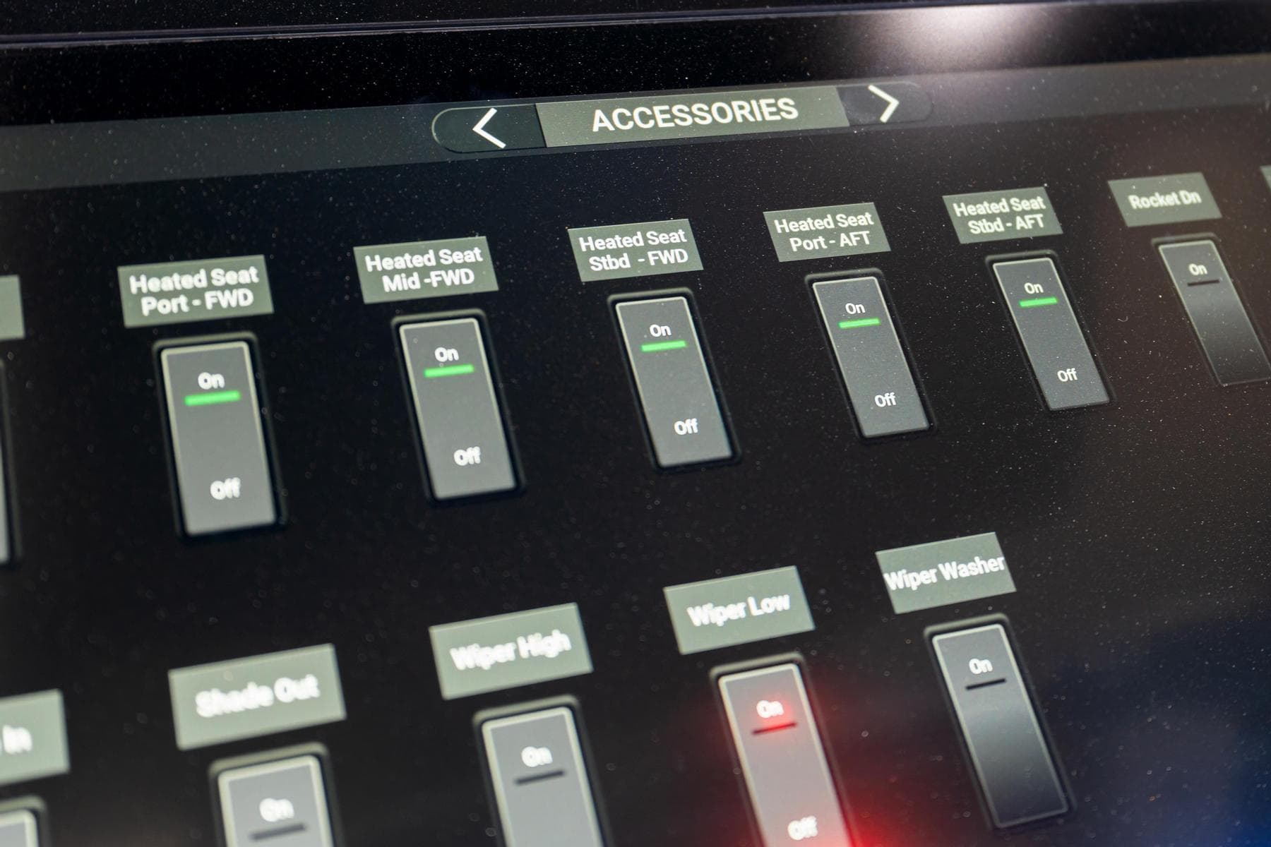 Control panel of 2023 Scout 425 LXF boat, showing heated seat and wiper settings.