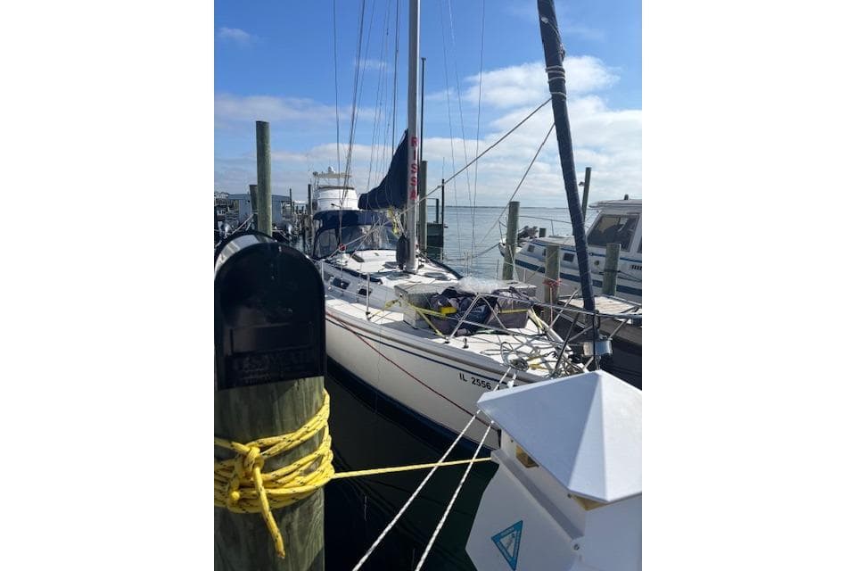1986 Catalina 36 sailboat docked at a marina under a clear blue sky.