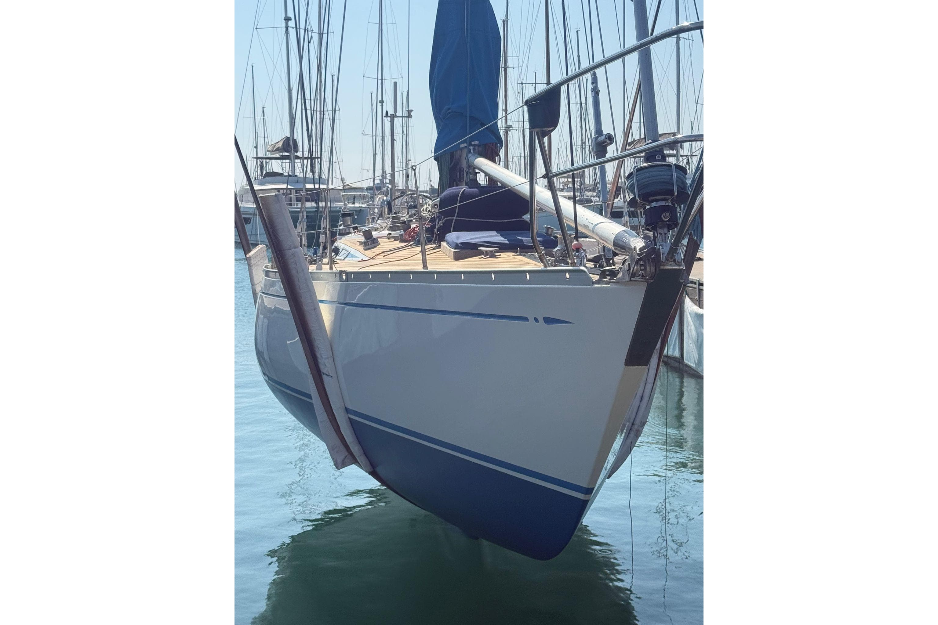 1974 Nautor Swan 41 sailboat docked in a marina, showcasing sleek design and craftsmanship.