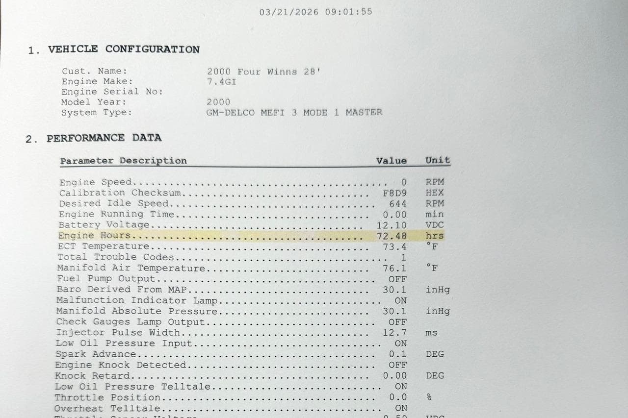 Performance data sheet for 2000 Four Winns 288 Vista boat engine.