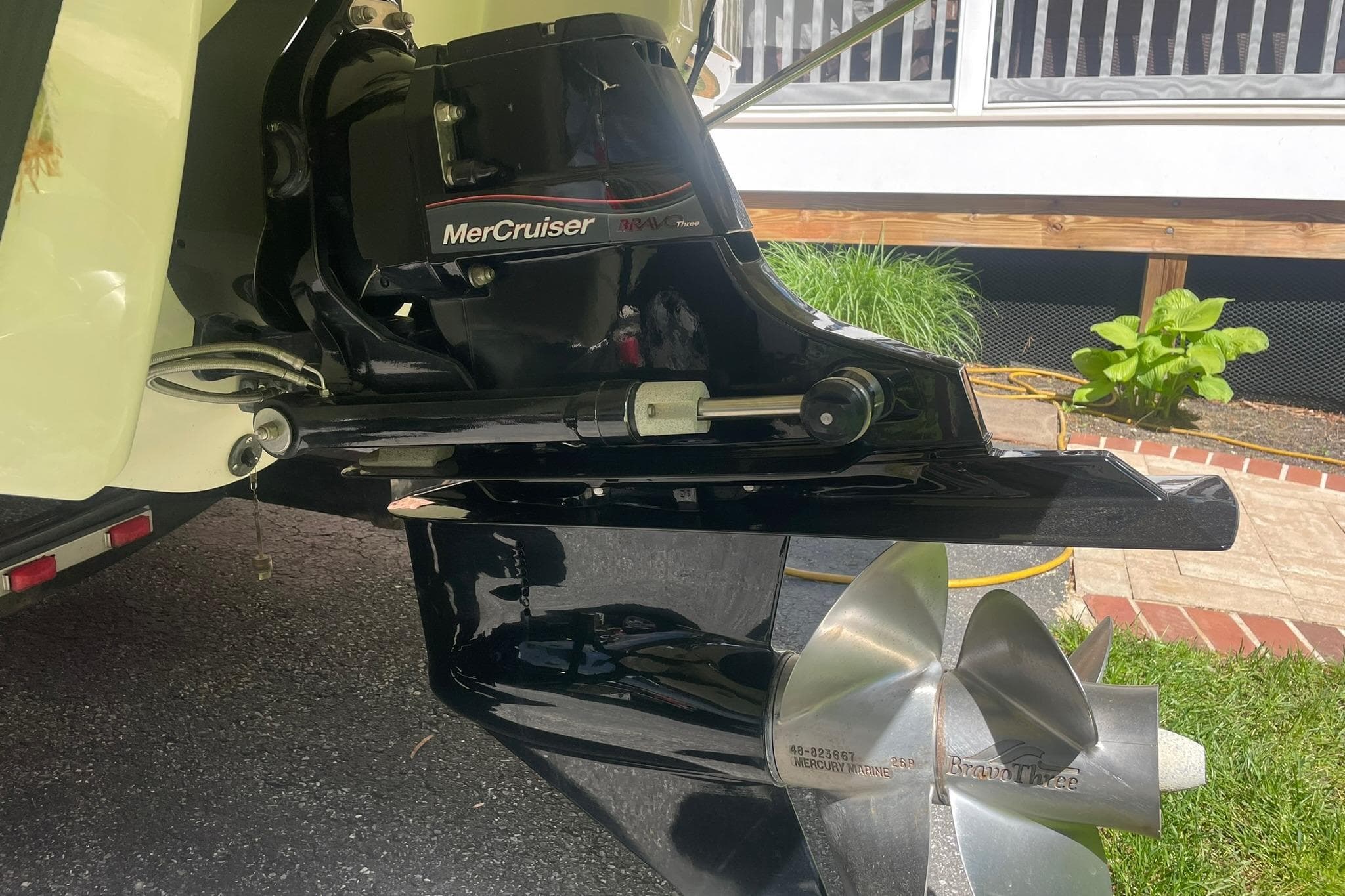 Close-up of a 2005 Chaparral 265 SSi boat's MerCruiser Bravo Three outdrive.