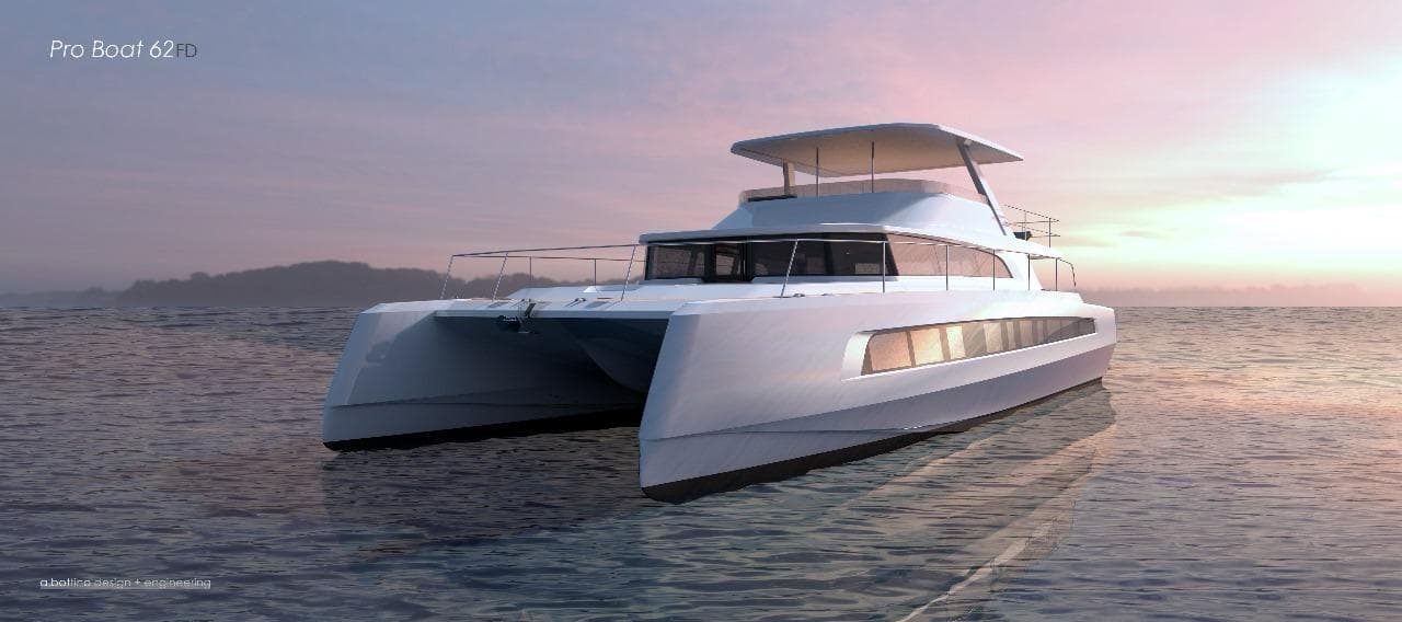 2025 Pro Boat Yachts CAT 62 FD cruising at sunset on calm waters.